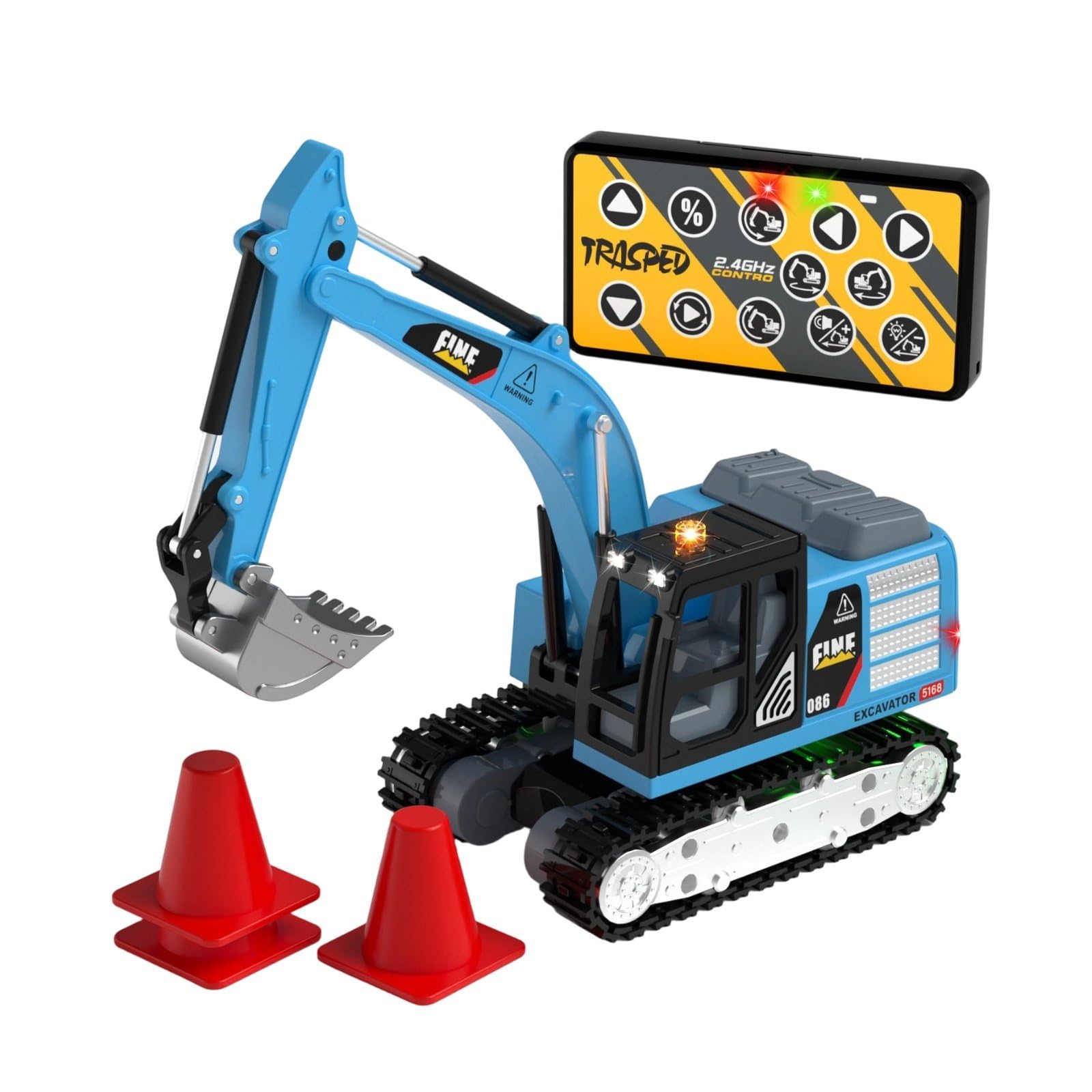 Mini Vehículo de Construcción Excavadora Modelo Digger Juguete Control Remoto Brazo Movible Luz y Sonido Adecuado para Niños Juego en Interiores Exteriores, Azul