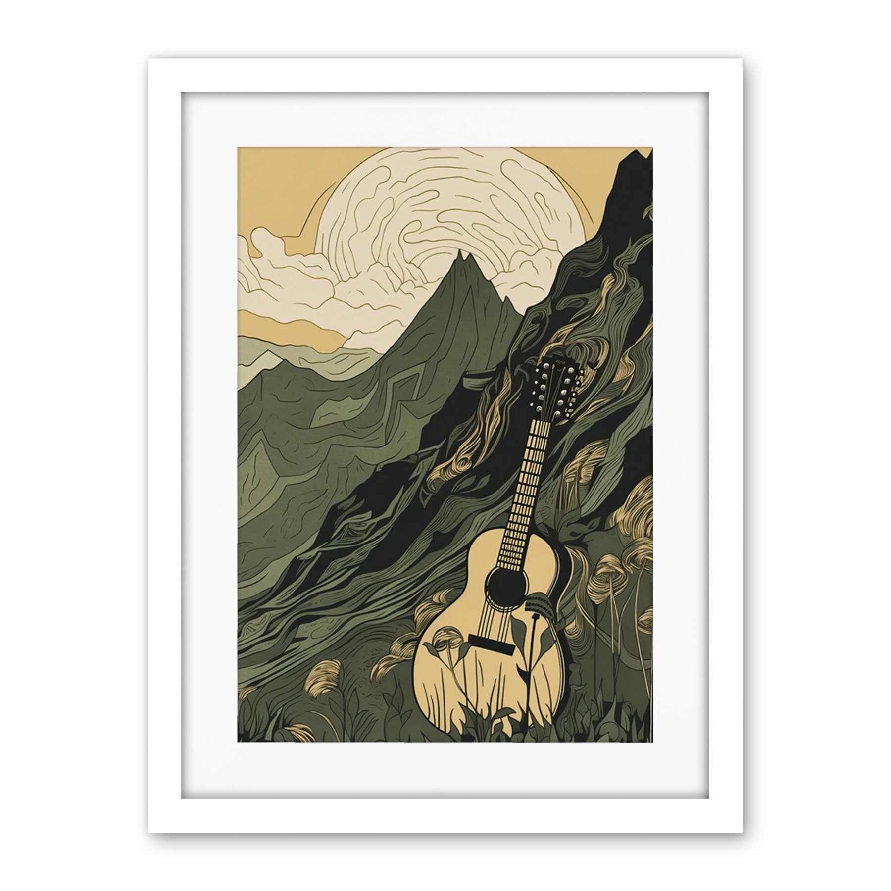 Artery8 Guitar on Mountain Landscape Morning at Campsite Artwork Framed Wall Art Print 18X24 Inch
