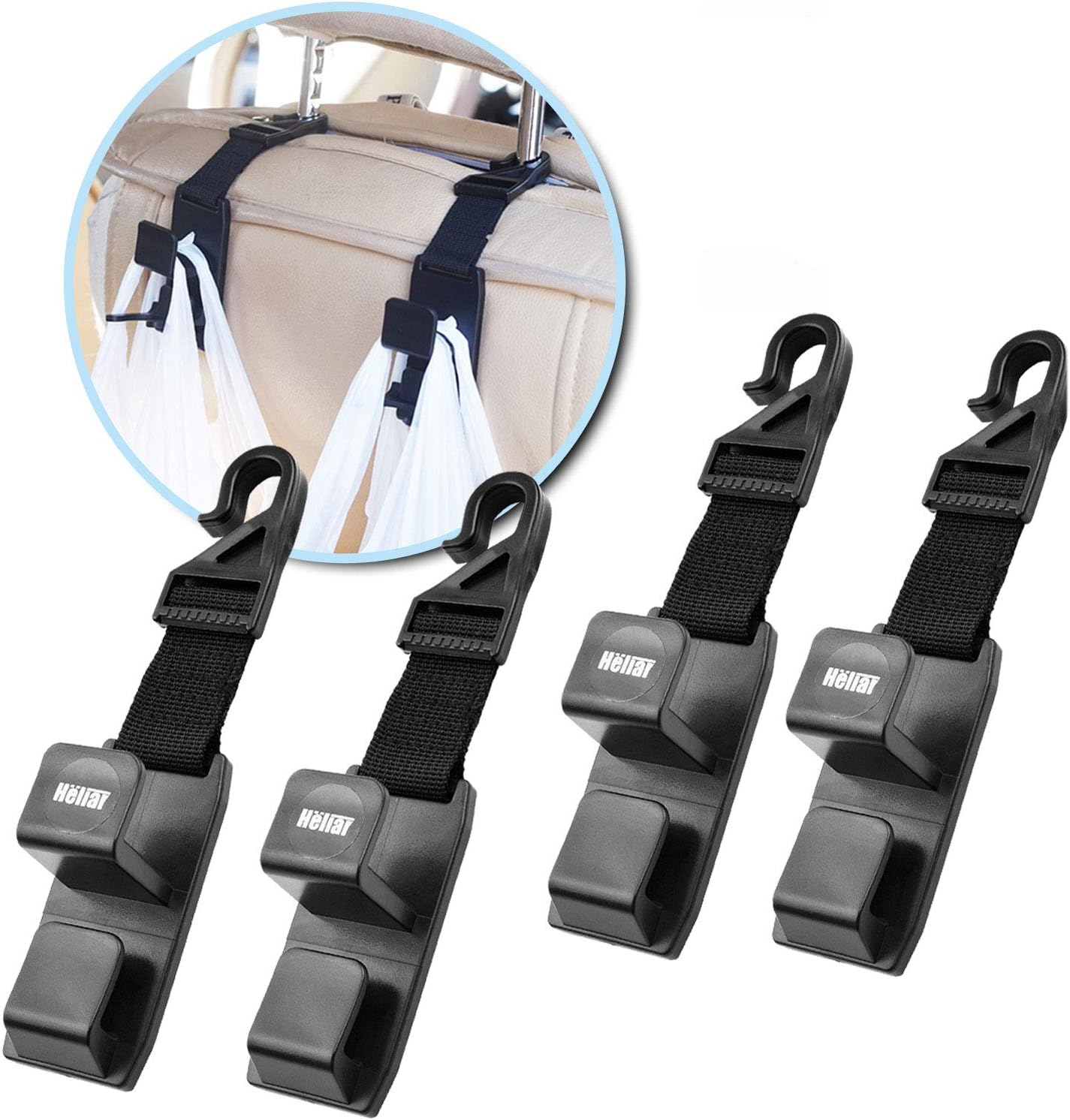 4 Pack Car Seat Headrest Hooks By Heliar - Backseat Headrest Hanger Storage For Handbags, Purses, Coats, and Grocery Bags, Universal Vehicle Car Seat Back Headrest Bottle Holder - Strong And Durable