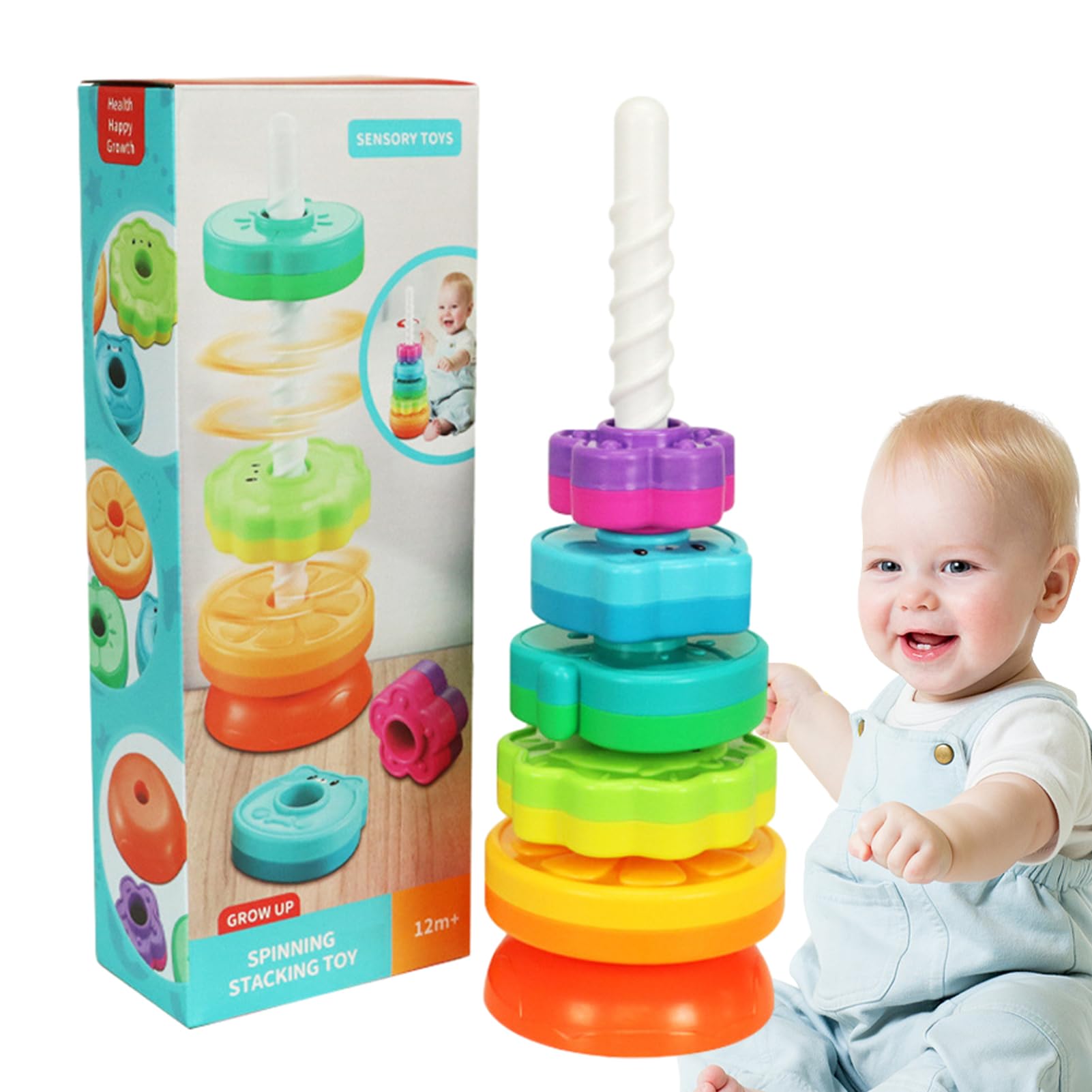 Amazon.co.jp: 回転スタッキングおもちゃ、レインボースピンタワー