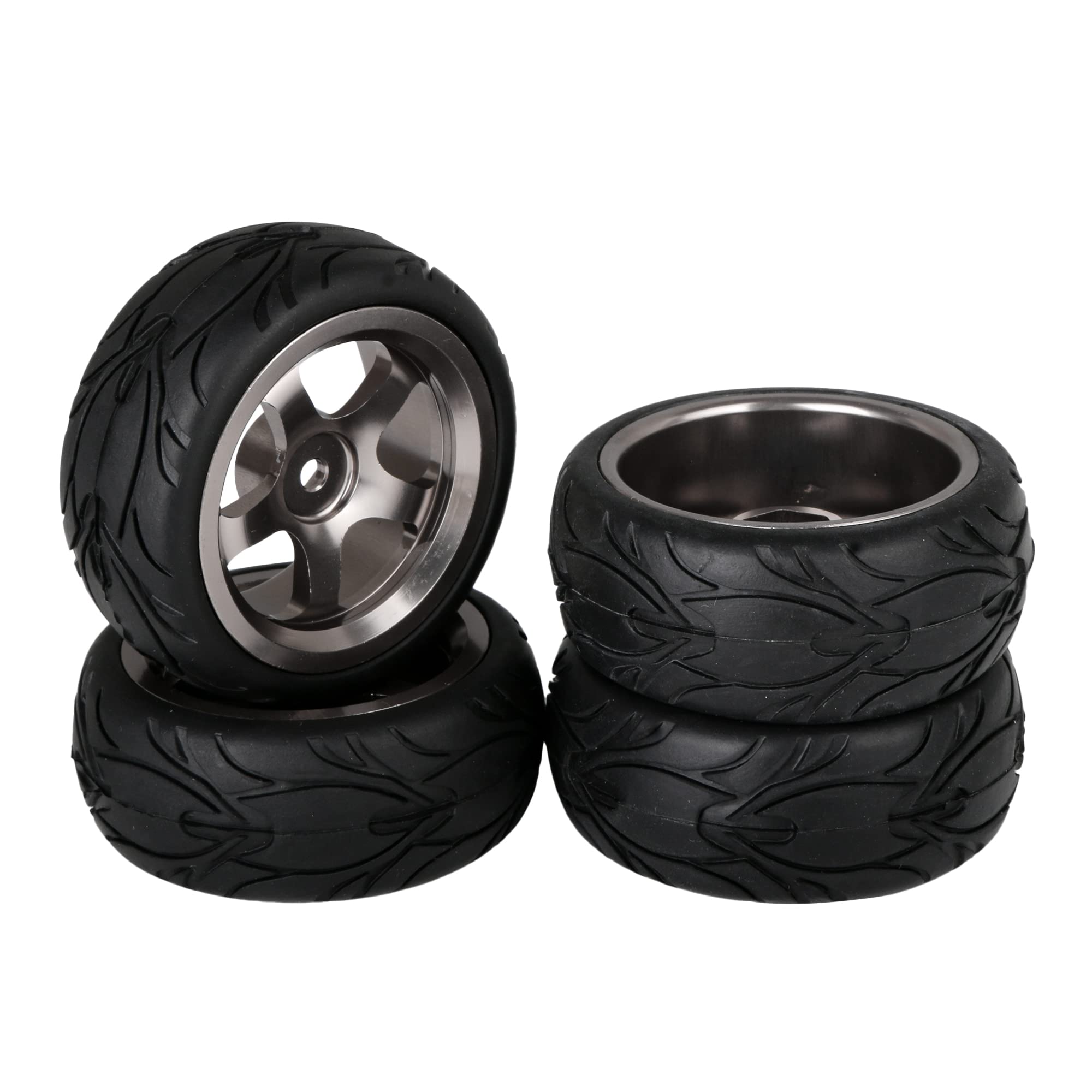 Mxfans Silver Grey Aluminum Alloy Wheel Rims With 5-Spoke and Black RC 1:10 Fish Scale Pattern Rubber Tyre for RC1:10 On-road Racing Car