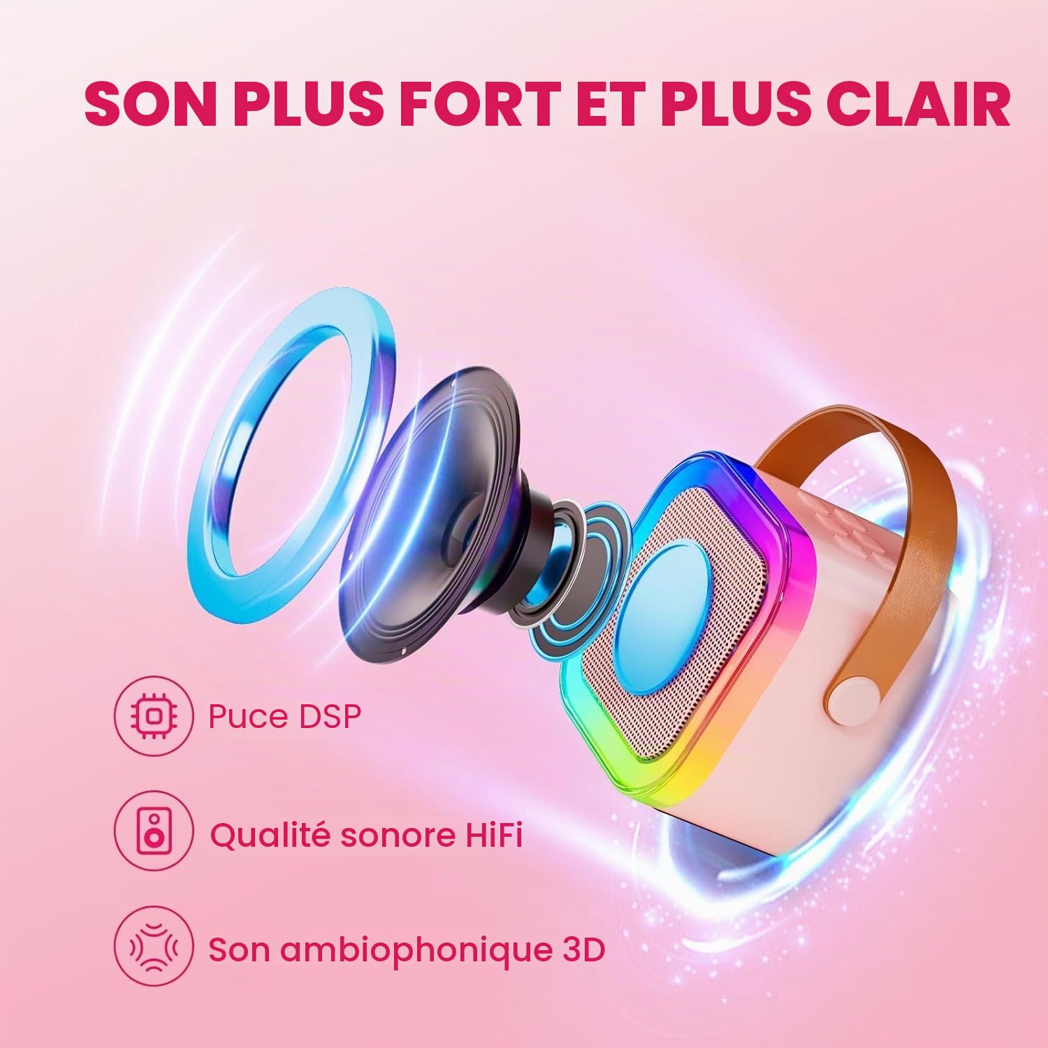 Micro Karaoke Enfant IROO Karaoke Enfant avec 2 Microphones, Microphone pour Filles Cadeaux pour Enfants Enceinte Bluetooth Portable avec Effets de Changeur de Voix et Lumières LED (Rose)