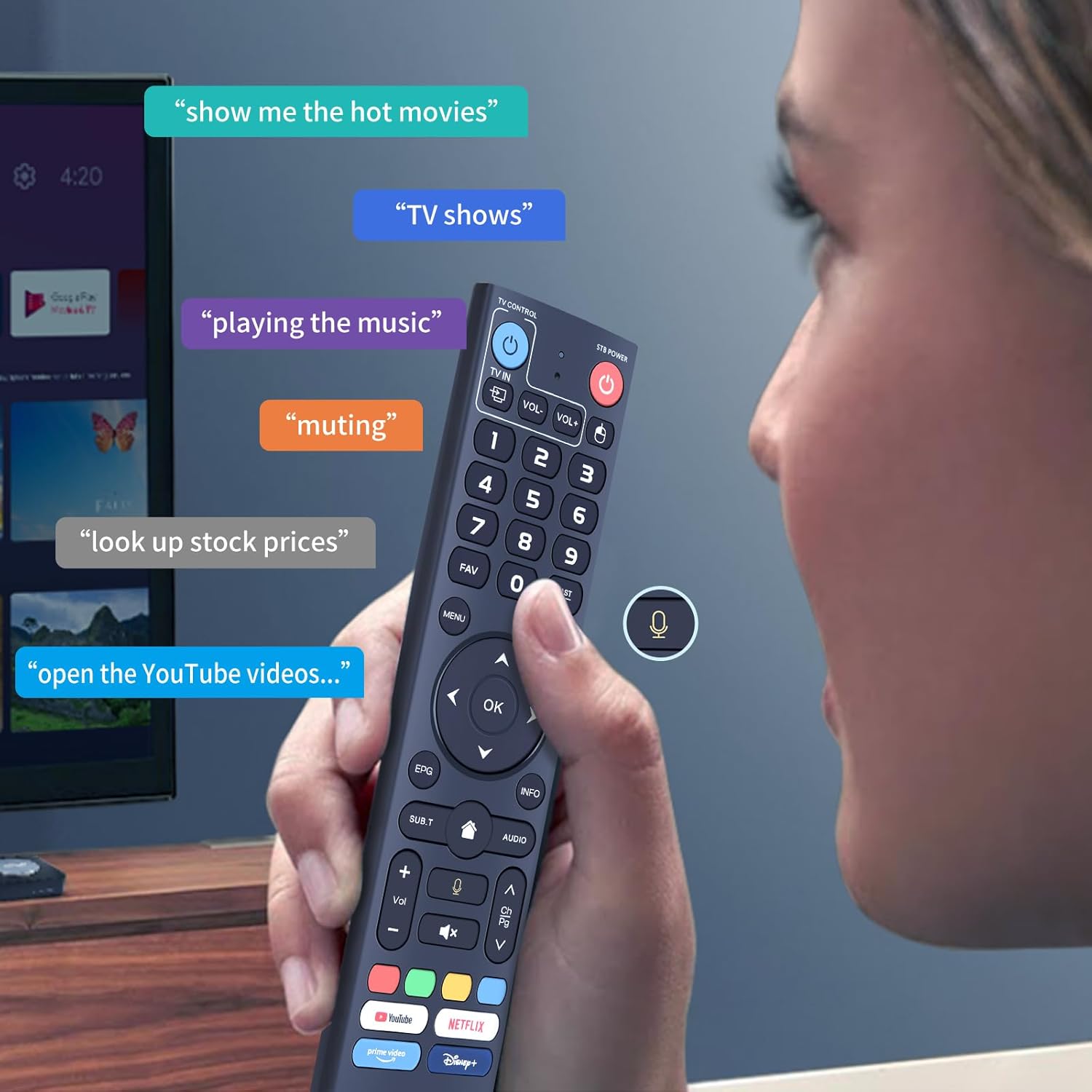 Image of a person using the V3 Pro remote control to issue voice commands to a TV, with example commands like 'show me the hot movies' and 'playing the music' displayed on screen.