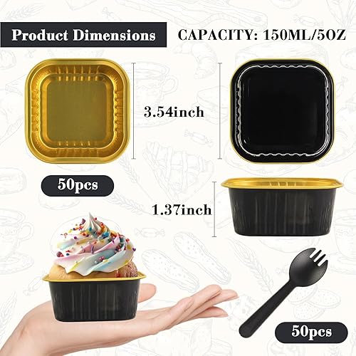 Miniatura 2 de Mini moldes para pasteles de 5 onzas con tapas, papel de aluminio, 50 juegos150 unidades, 150 unidades, tazas cuadradas de 5.1 fl oz, forros para