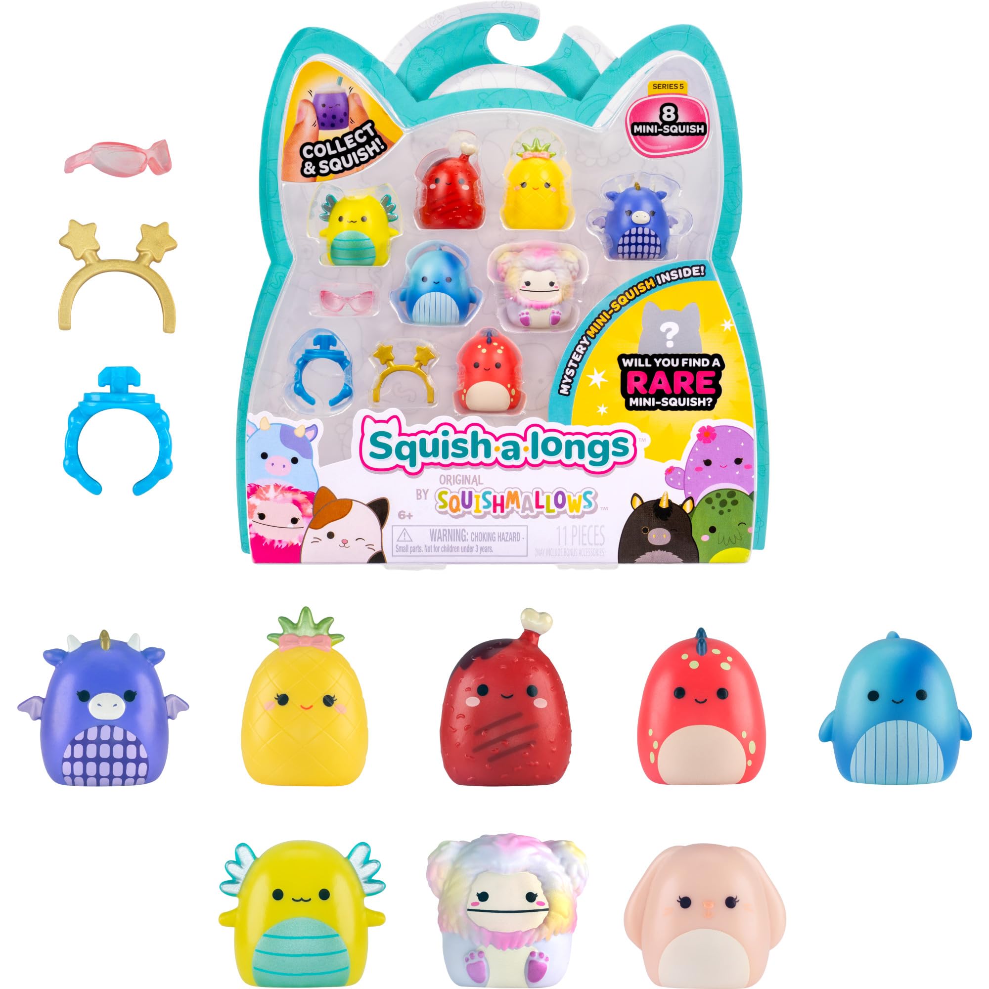 Squish-a-longs Mini-Squish 8-Pack (Wave 5, Style 3) Includes Conradina the Bigfoot, Corbett the Turkey Leg, Lulu the Pineapple with Bow