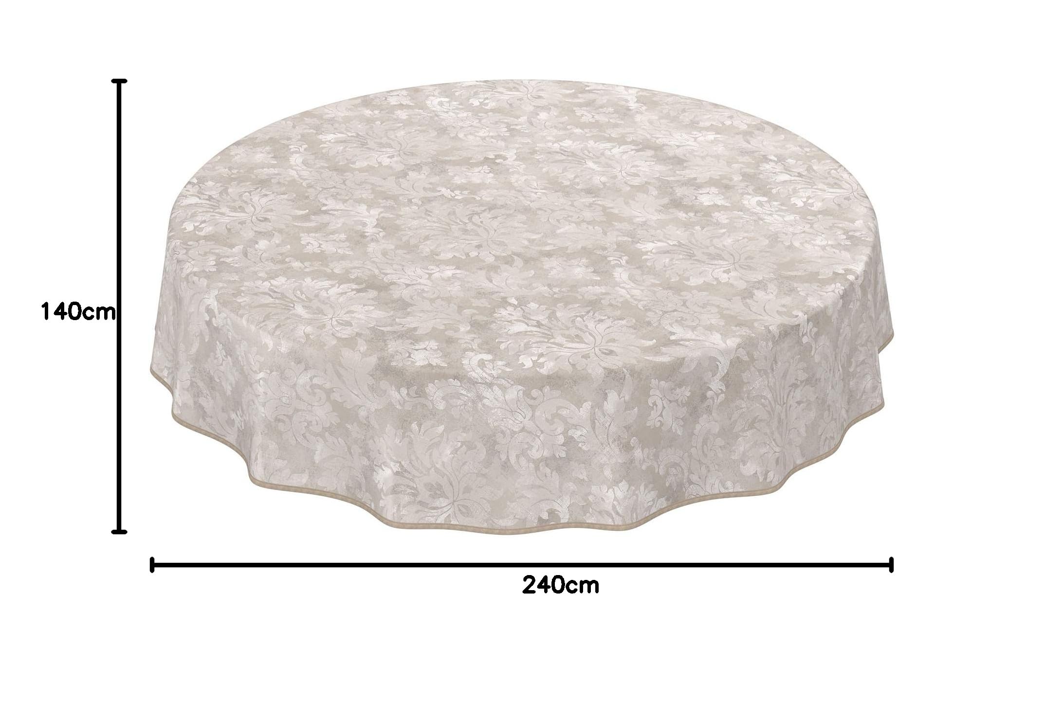 Nappe en Toile cirée Lavable pour Le Jardin, de Forme Ronde, Ovale ou rectangulaire, pour l'intérieur et l'extérieur, Motif Baroque vrillé, Beige-Gris Clair, Ovale, 240 x 140 cm, avec Ourlet, Bordure