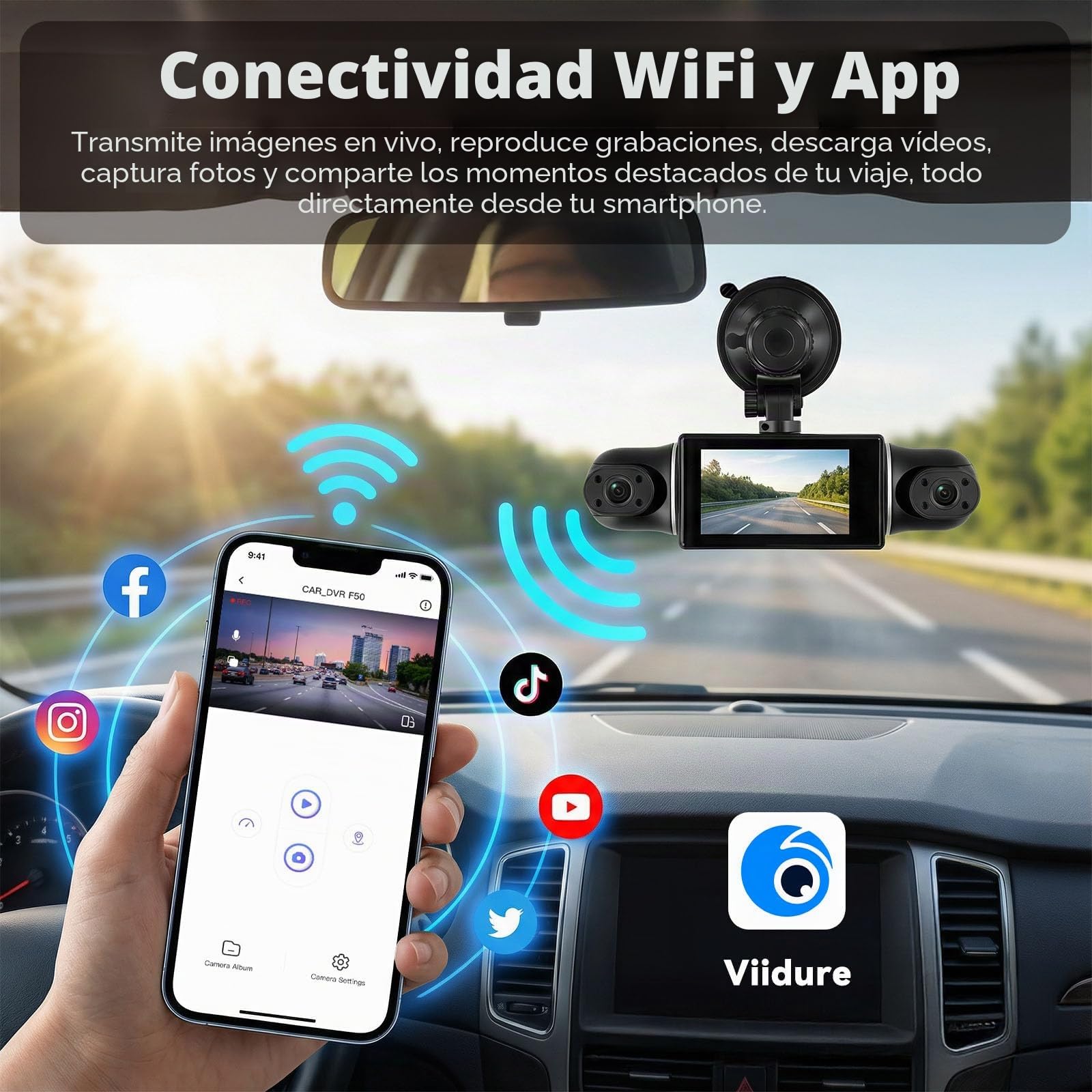SIXWIN 2K Dash CAM 360° para Coche, 4 Cámaras Full HD 1080P, Pantalla IPS 3", WiFi y App, Sensor G, Vigilancia Estacionamiento, Visión Nocturna, Grabación en Bucle, Incluye Cámara Trasera