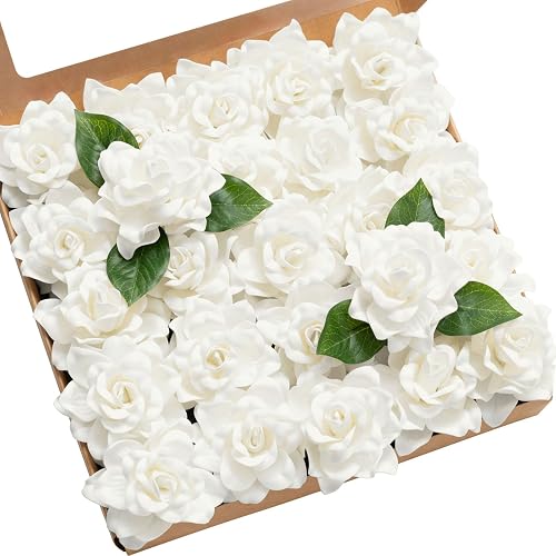 Ling's moment White Artificial Gardenia Flowers with Stems, 25 pcs
