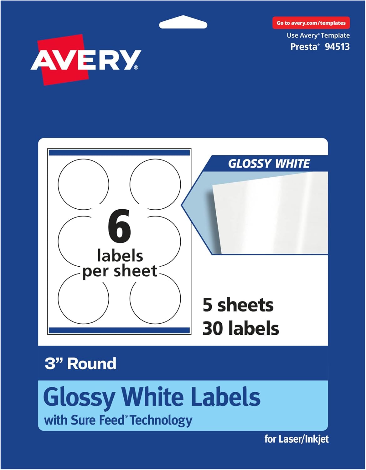 Avery Round Labels, Sure Feed Technology, 3" Diameter, 150 Glossy White Labels (36501)