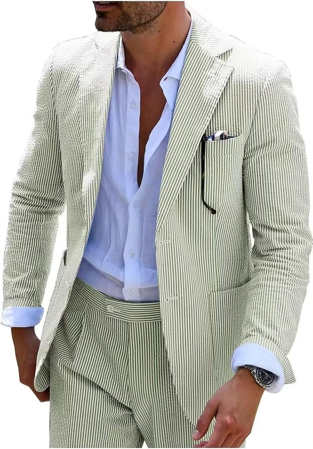 FxzpiodiSeersucker Slim Suits for Men Formal Casul Summer Beach Wedding Grooms 2 Piece Blazer Pants Party Striped Suit SetsGlobal Recycled StandardGlobal Recycled StandardGlobal Recycled Standard