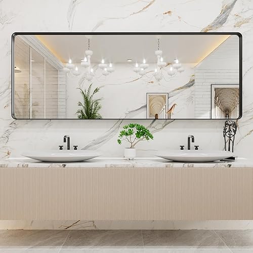 Miniatura 246 de LOAAO - Espejo de tocador para baño con marco de metal negro mate de 24 x 32 pulgadas para pared, rústico, rectangular, grande, redondeado