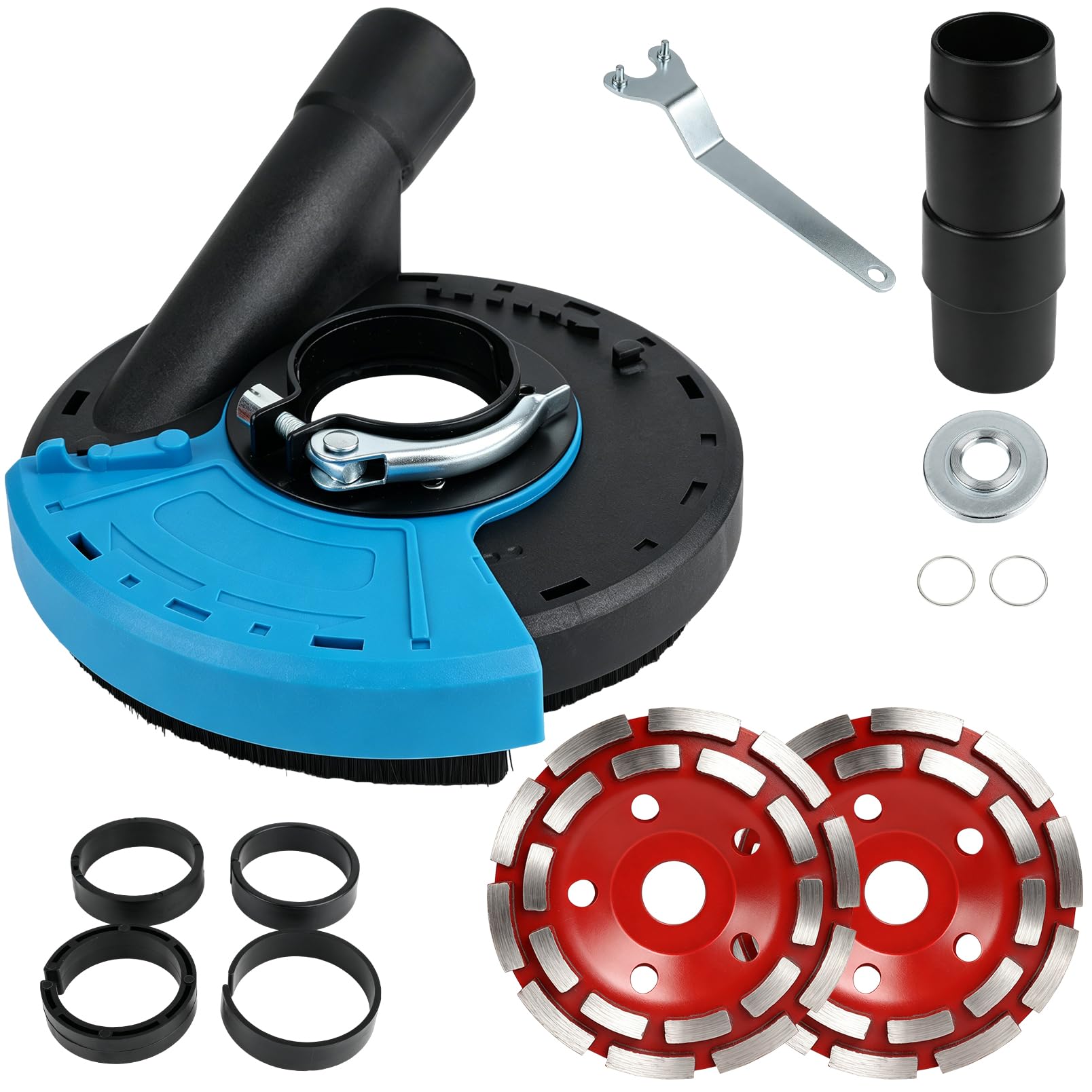 Juego de muelas de diamante de 125/150 mm con campana de extracción, amoladora angular, discos abrasivos gruesos y finos, juego de lijado para hormigón, con aspiración de polvo, adaptador, llaves y