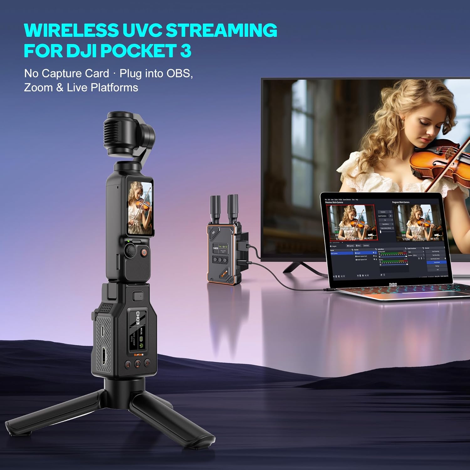Wireless HDMI Transmitter and Receiver for DJI Osmo Pocket 3,1080P UVC&HDMI Output Wireless HDMI Extender for OBS Switcher,1640ft 0.05s Latency,Reverse Charging,HDMI to UVC, Creator Combo