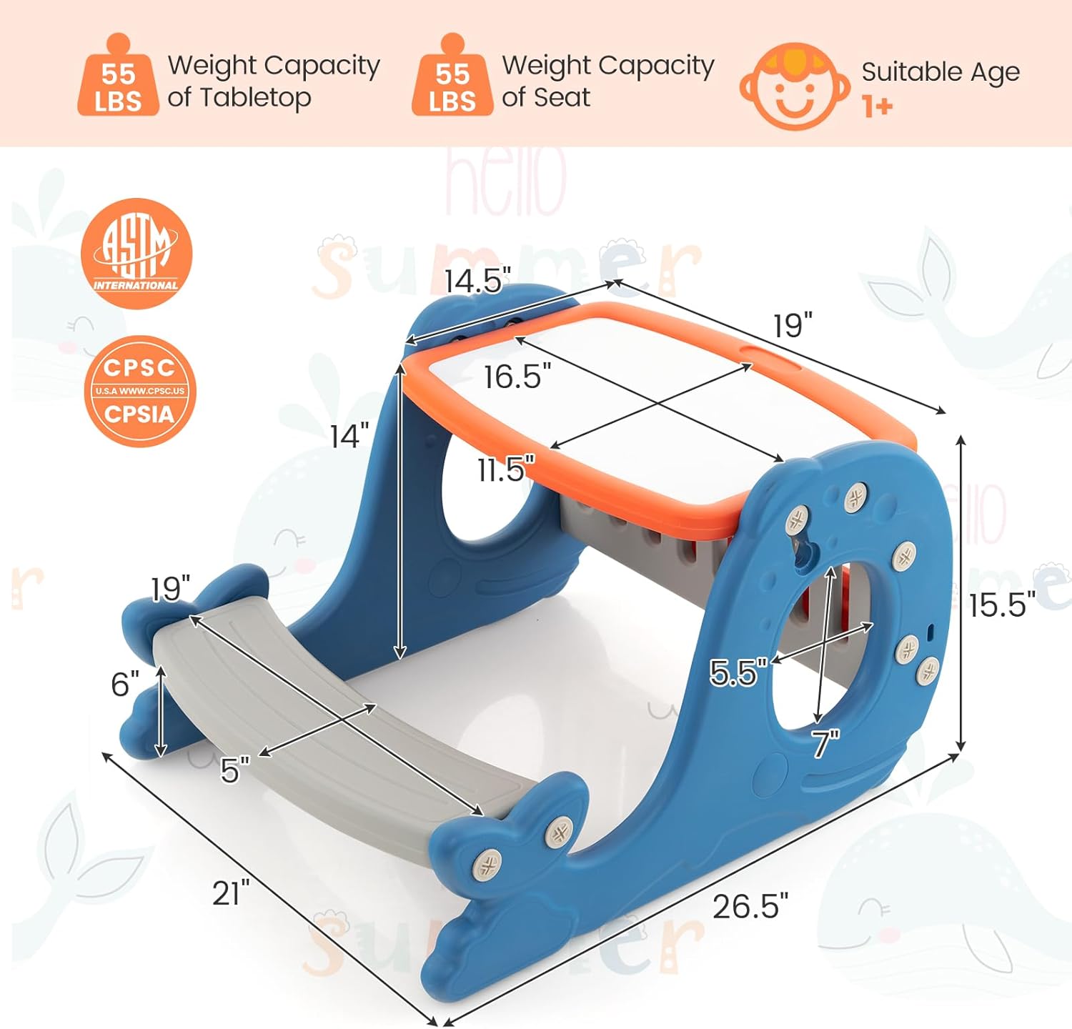 HONEY JOY Kids Art Easel, 4 in 1 Double-Sided Kids Table & Chair Set w/Adjustable White Board, Bookshelf, Storage, Children Activity Table, Toddler Easel for Boys Girls 1 Year Old+ (Blue + Orange)