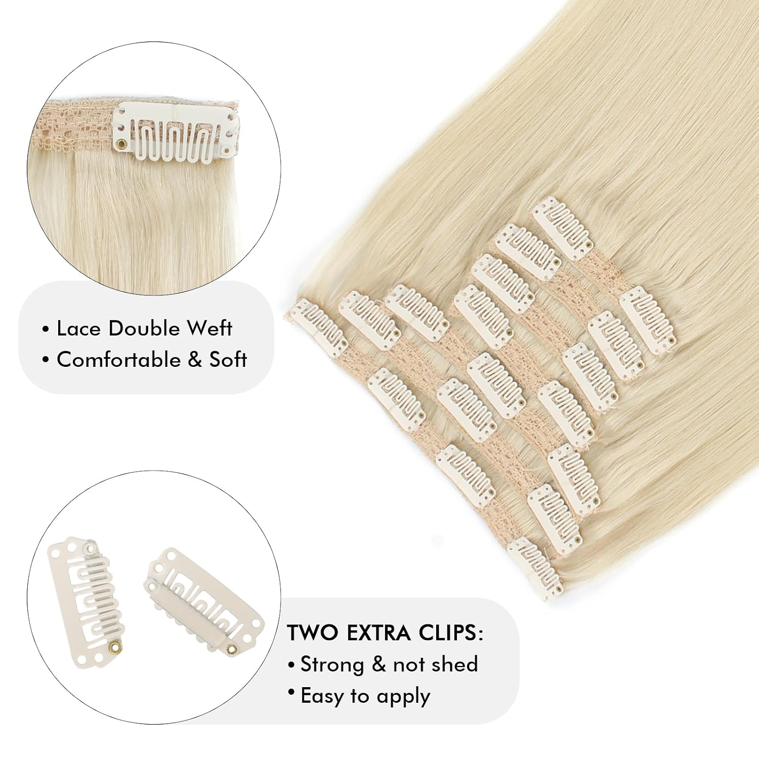 Sixstarhair Ash Blonde Clip In Hair Extensions Grade 9A Remy Virgin Human Hair 140g Luxury Clip On Hair Extensions 7 Pieces of Lace Wefts For Full Head [Color 60 Ash Blonde 18inch]