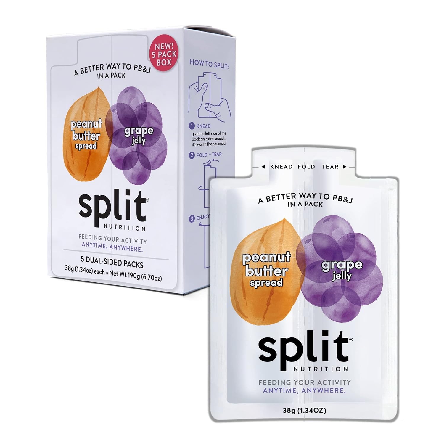 Split Nutrition Peanut Butter and Grape Jelly Squeeze Packs - Non-GMO, Gluten Free Snack Pouch - On The Go Snack Made with Real Food - Zero Artificial Preservatives or Sweeteners (5 Pack)