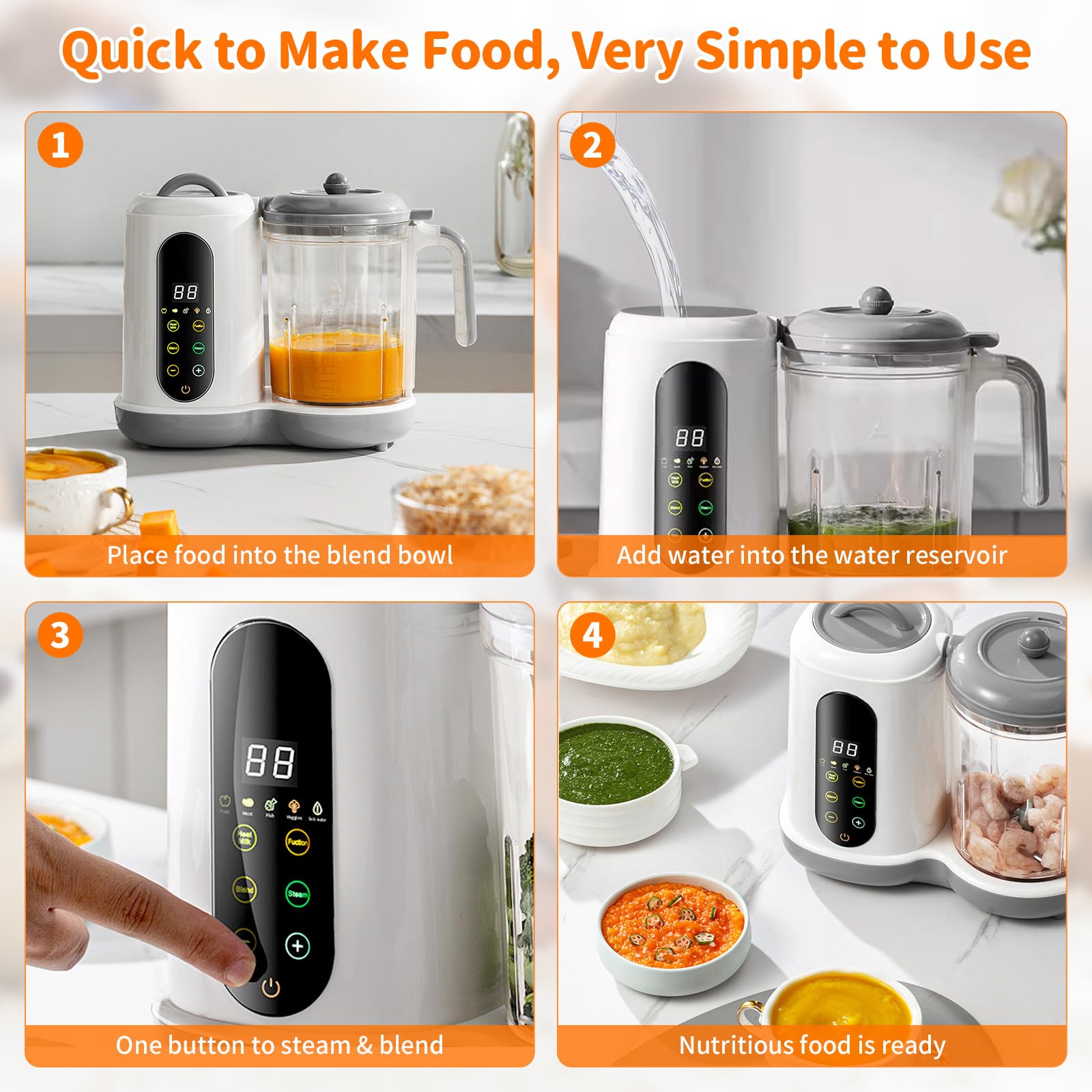 Preparador de alimentos para bebés - Multifuncional papilla para bebés, con vaporizador y batidora, 4 preajustes de cocción, autolimpieza