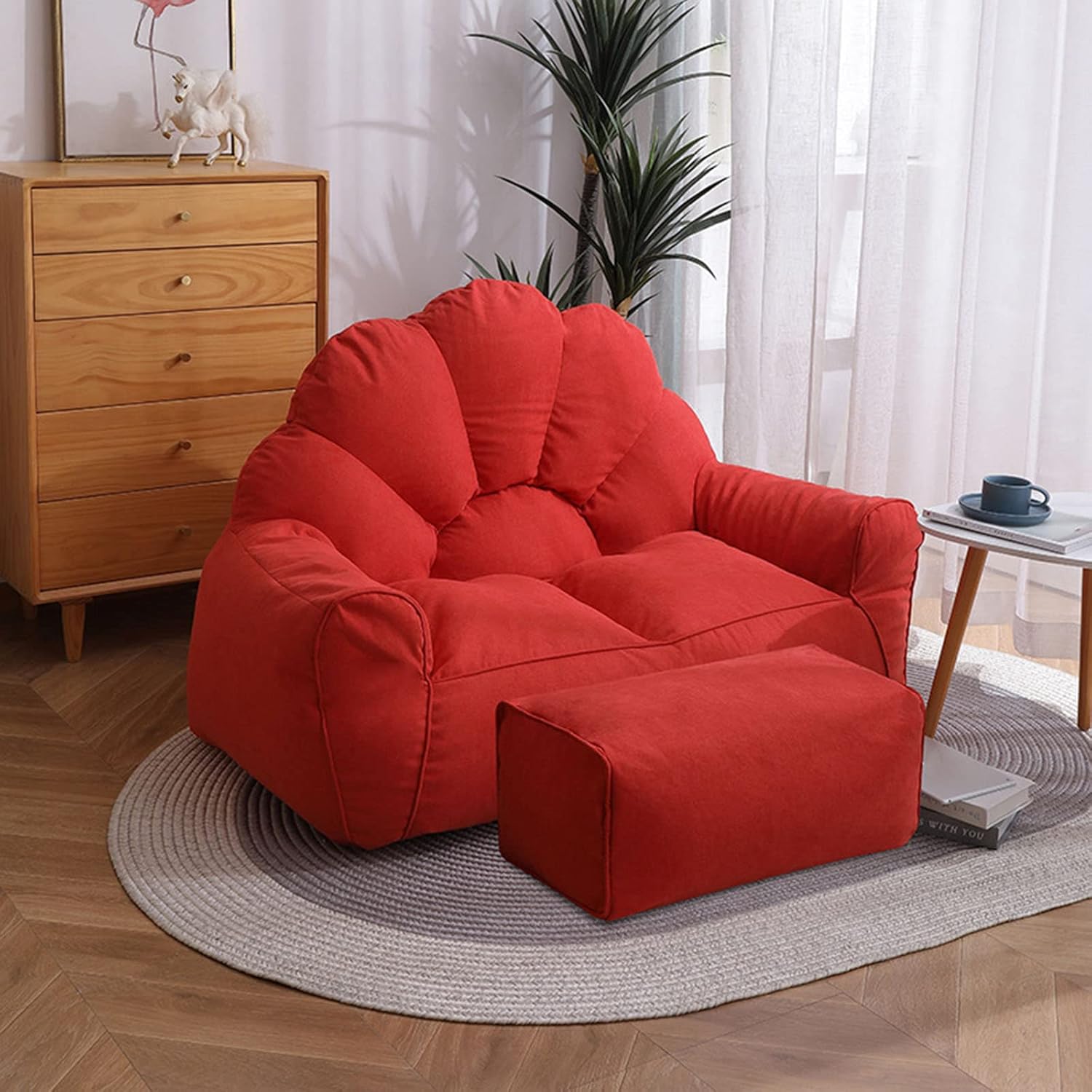 HWOEK Lazy Sofa Bean Bag Chair w/Footstool Lounger Seat - No Filler, Soft Beanbag Cover, Stuffed Animal Storage or Memory Foam Lounger Seat, Beige Yellow Stitching