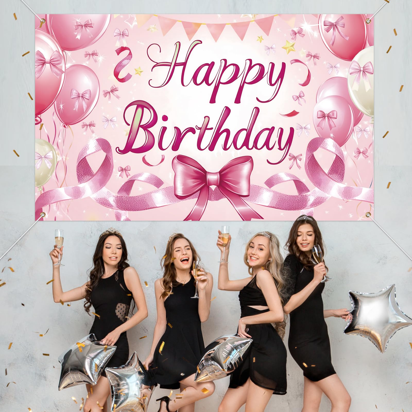 Stcomart Rosa Geburtstags-Banner – 1,8 X 1,1 M, Polyester, Mit Schleifen & Ballons, Für Fotohintergrund & Deko