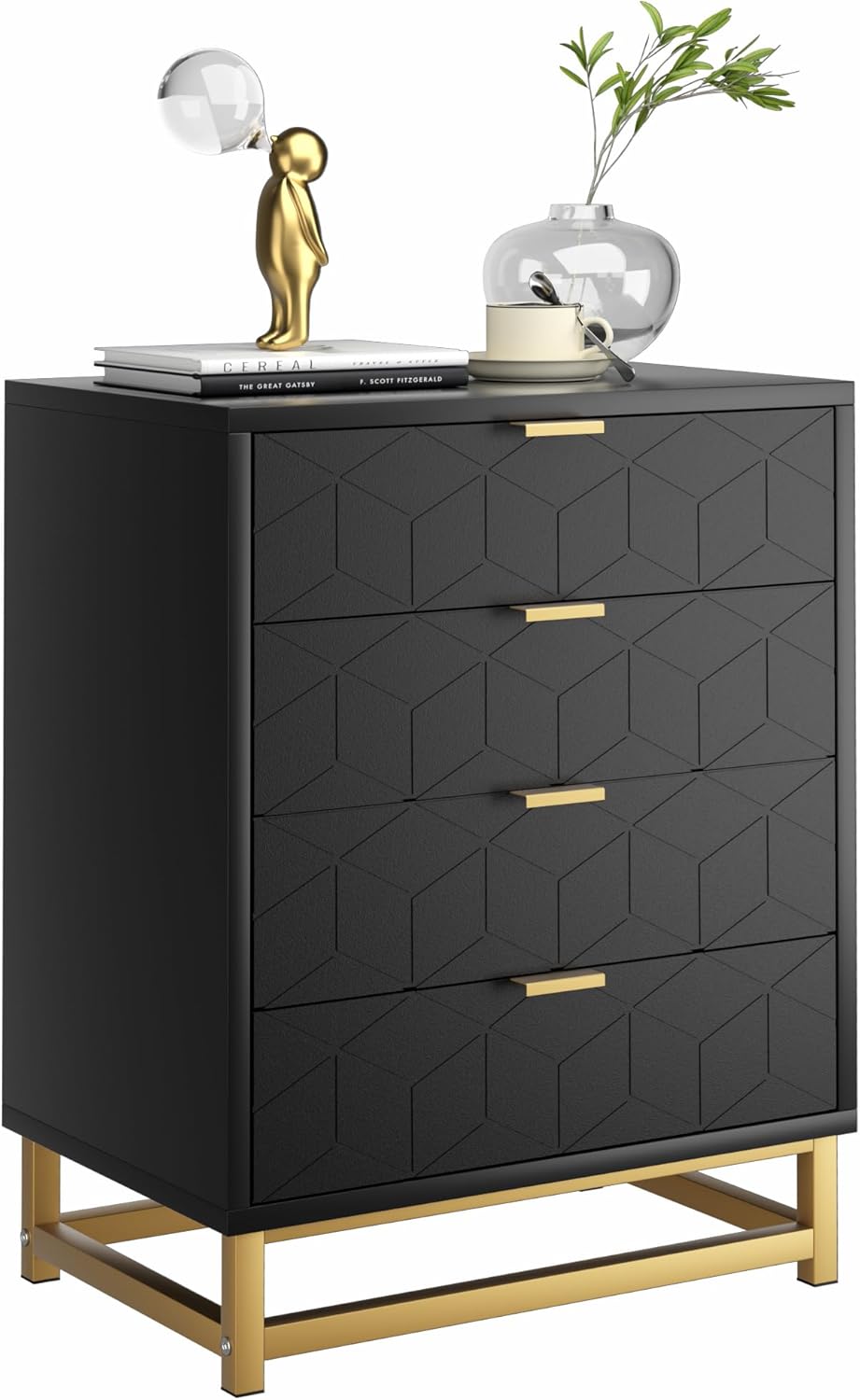 GarveeHome Black 4 Drawer Dresser, Large Dresser for Bedroom with 4 Large Drawers, Modern Dressers with Gold Metal Handles for Hallway, Entryway