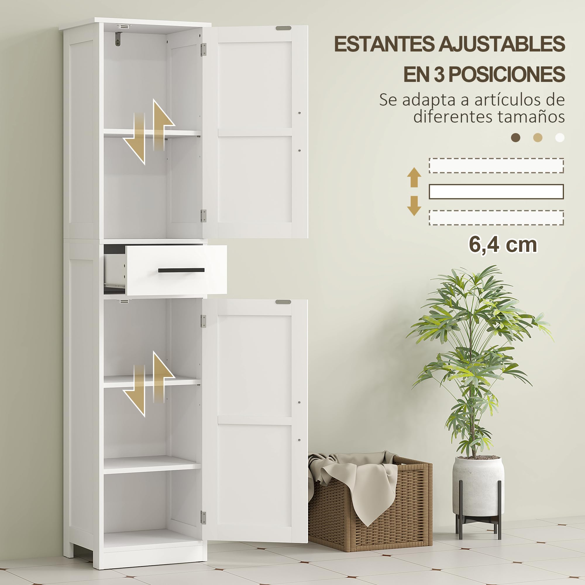 HOMCOM Armario Alto de Baño Estrecho con 2 Puertas 1 Cajón y 2 Estantes Ajustables Columna de Baño Estilo Rústico para Salón Aseo Cocina 40x30x170 cm Blanco
