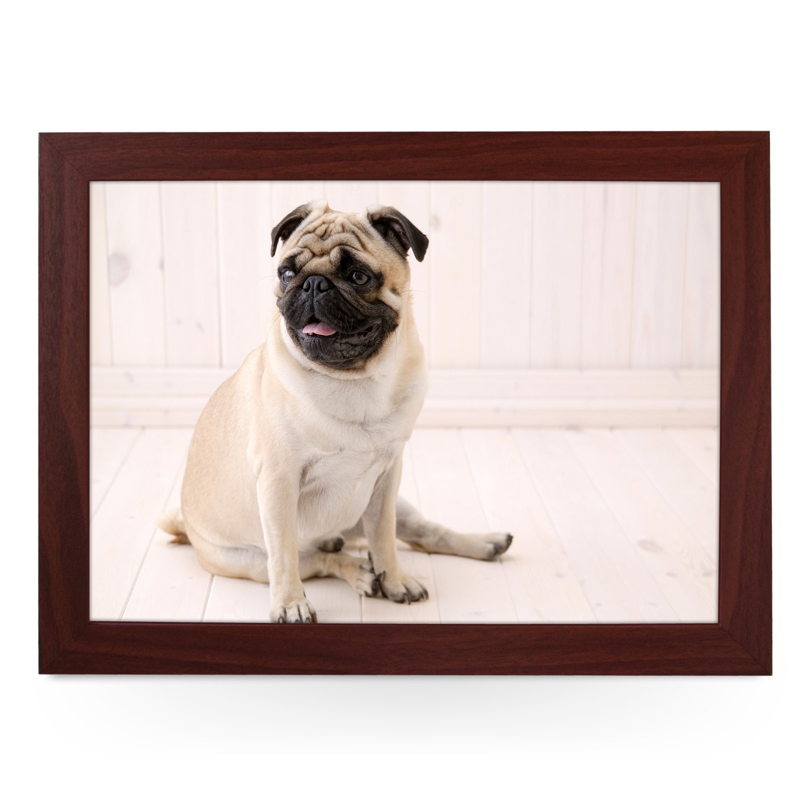 Portable Lap Desk Tray (Sitting Pug Dog) Handmade Wooden Frame, Beanbag Cushioned Bottom | Computers, Laptops, Meals, Food | L0037 Brown