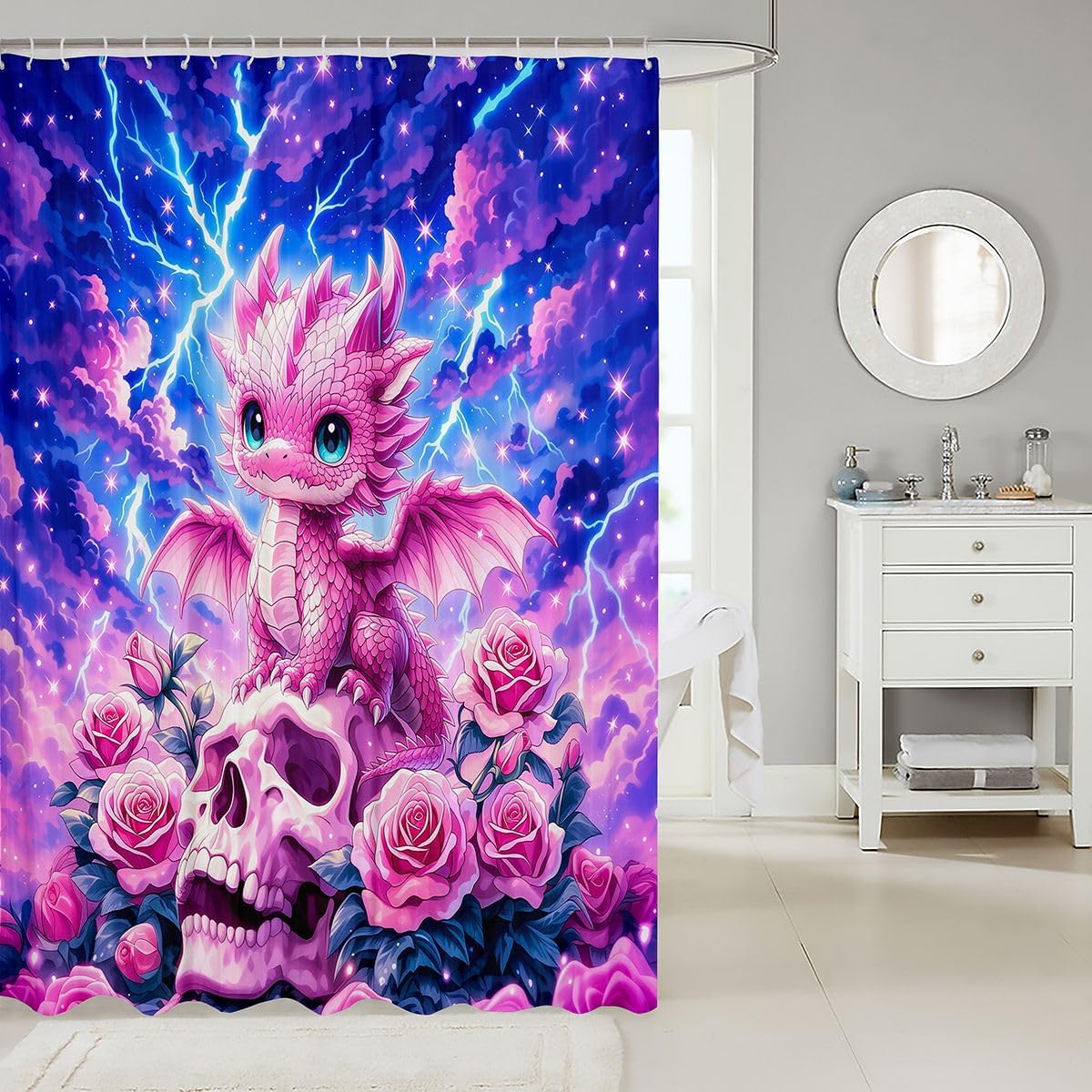 Feelyou Pink Dragon Shower Curtain for Bathroom Decor Sugar Skull Bath Curtain for Stalls Bathtubs Fantasy Gothic Anime Style Bathroom Accessories Waterproof Polyester Fabric with 12 Hooks 72"x78" image 2