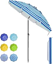 BelleMax Outdoor Beach Parasol with Sand Anchor 12 cm & Parasol Bag, Tilt 30°, Height Adjustable, for Balcony, Beach, Terrace, Sun Protection, UV50+, Tiffany Stripes, 200 cm