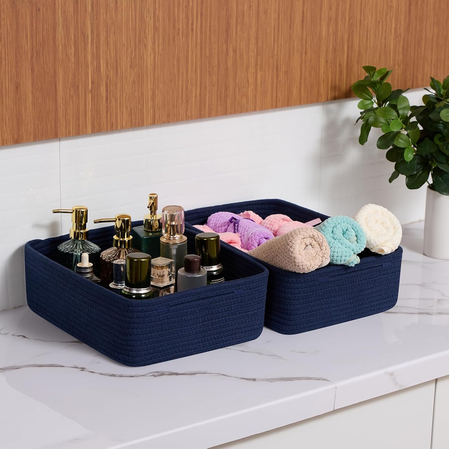 Large Shallow Organizing Baskets 15x11x5.1 Inches - Rope Woven Storage Bins for Bathroom, Shelves, Cube Closet, Navy Blue 2 Packs - Image 6