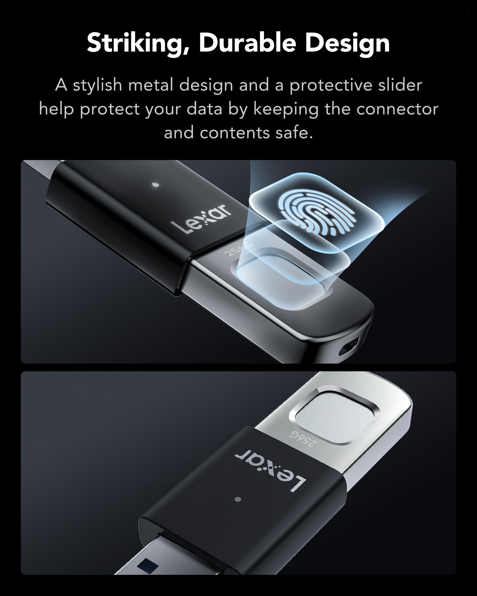 Lexar JumpDrive Fingerprint F35 PRO - Chiavetta USB 3.2 Gen 1 da 256 GB, fino a 400/350 MB/s in lettura/scrittura, espansione e backup dell'archiviazione, AES a 256 bit e crittografia delle impronte