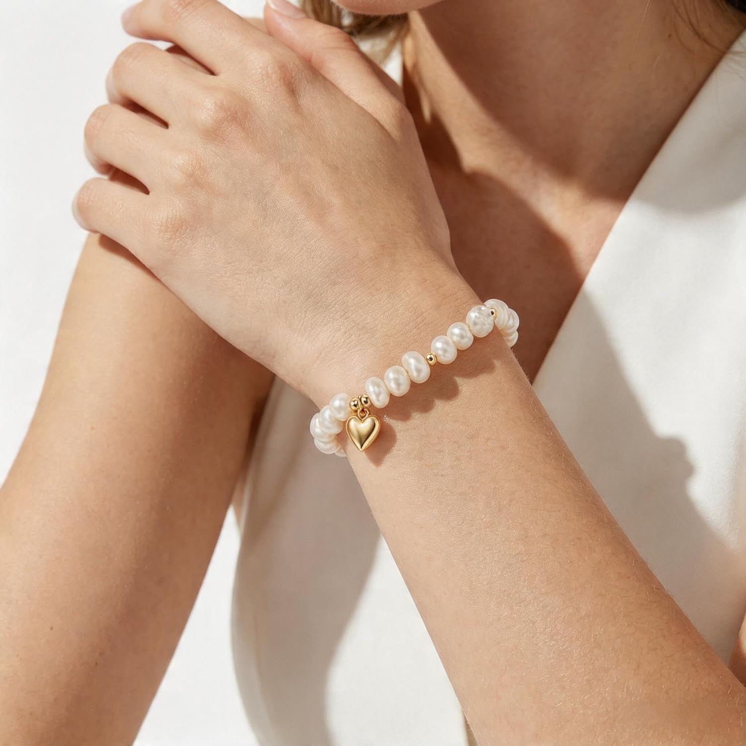 Sylph Pearl Bracelets for Small Wrists, Freshwater Pearl Bracelet, Baroque White Beaded Adjustable Stretch Bracelets, Beach Wedding Jewelry Birthday Gifts for Women Bride