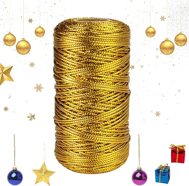 KLYNGTSK 100M Gold String Twine Metallic Craft Cord 1.5mm Gold Twine Thread Non-Stretch Cord Gold Twine String for Crafts Ornaments Thread Christmas Craft Cord Gift Wrapping Labels Cord Jewelry DIY