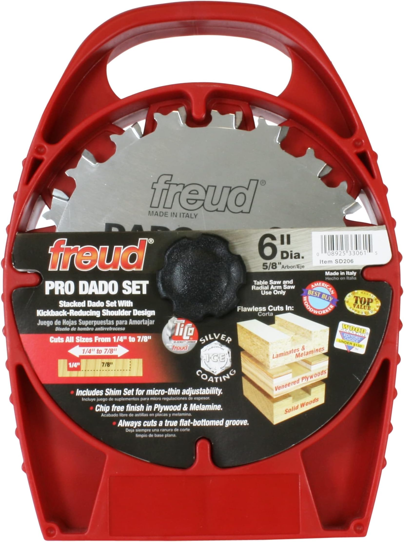Freud 6" Pro Dado Set with Tico Hi-Density Carbide for Flat Bottom Grooves - Includes 2 Blades, 3 Chippers, Spacers, Shim Set & Carrying Case, Negative Hook Angle - SD206