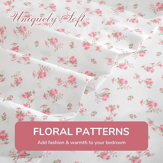 MUXHOMO Queen Size 4 Piece Sheet Set Blossoms Pink Cooling, Wrinkle-Free & 7 Pieces Queen Comforter Set, Reversible Bed in a Bag Queen Size, All Season Bedding Set with Comforter