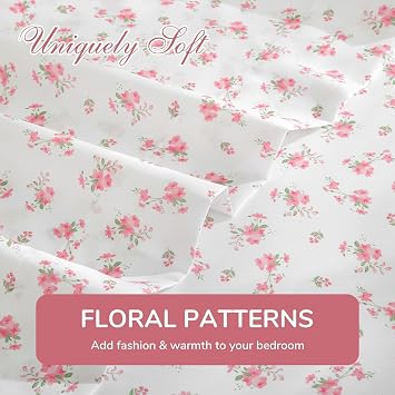 MUXHOMO Queen Size 4 Piece Sheet Set Blossoms Pink Cooling, Wrinkle-Free & 7 Pieces Queen Comforter Set, Reversible Bed in a Bag Queen Size, All Season Bedding Set with Comforter
