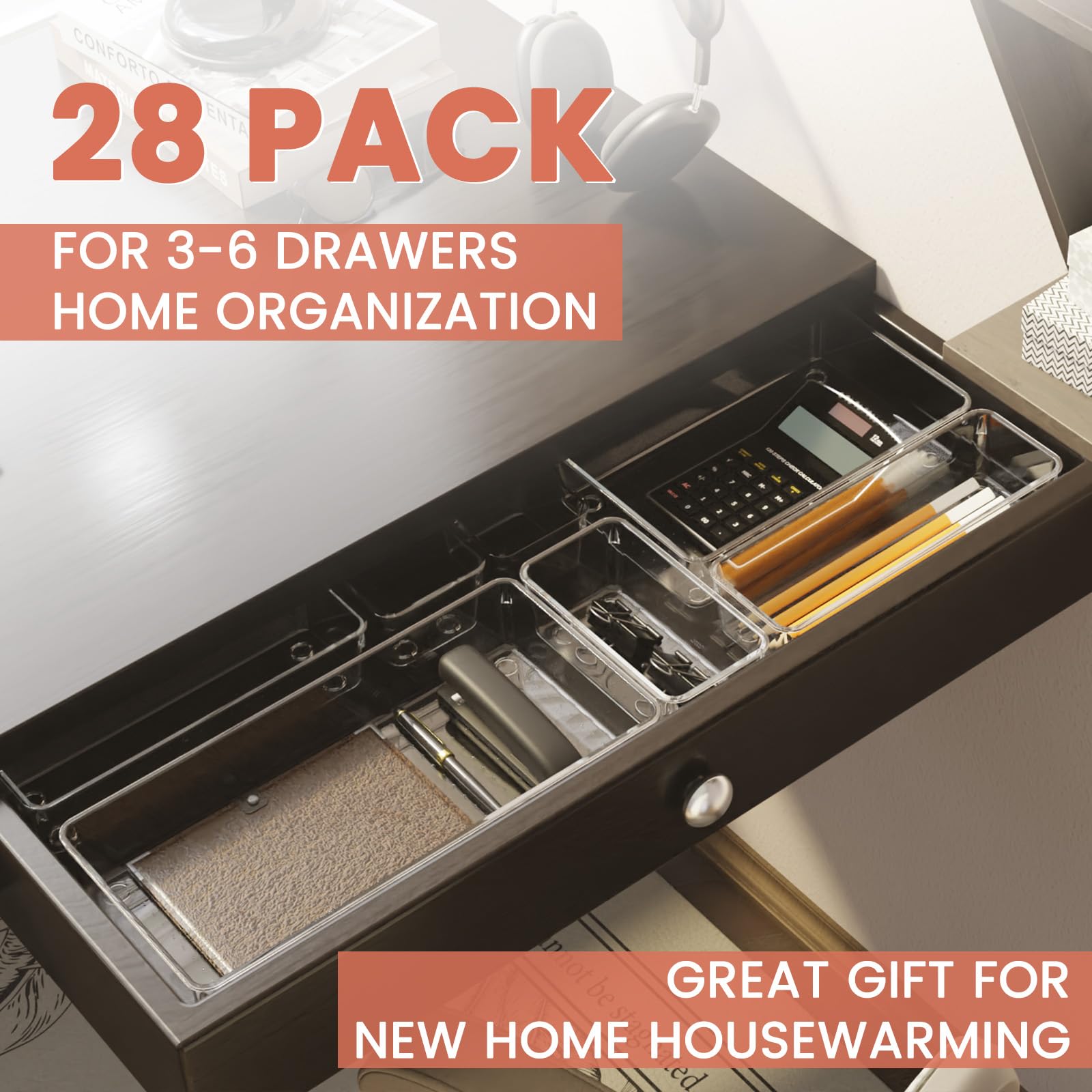 Confezione da 28 grandi vassoi organizer in plastica trasparente: divisori per cassetti da cucina in acrilico di 5 dimensioni per utensili, contenitori per bagno e toeletta, accessori essenziali per