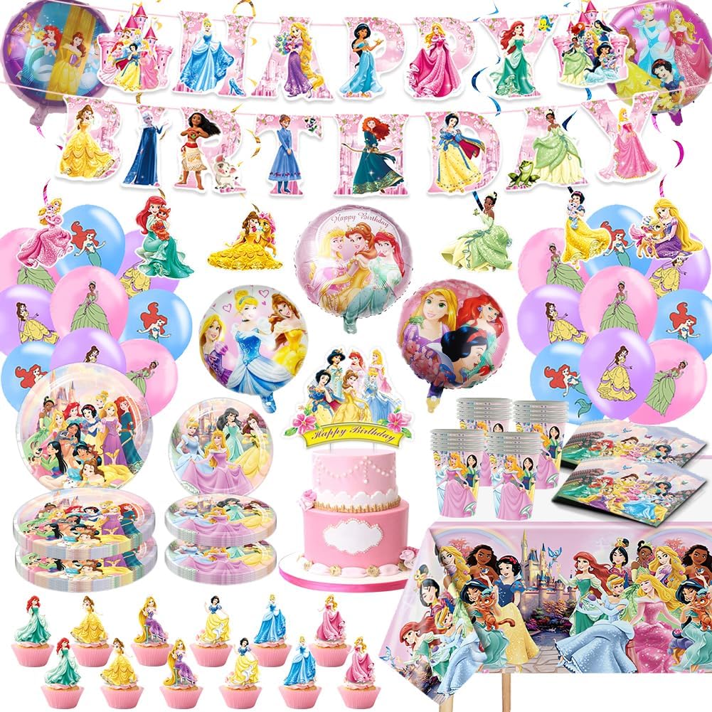 Princess Birthday Party Decorations Kit, Princess Party Supplies Includes Banners, Balloons, Paper Plates, Napkins, Paper Cups, Hanging Swirls, Tablecloth