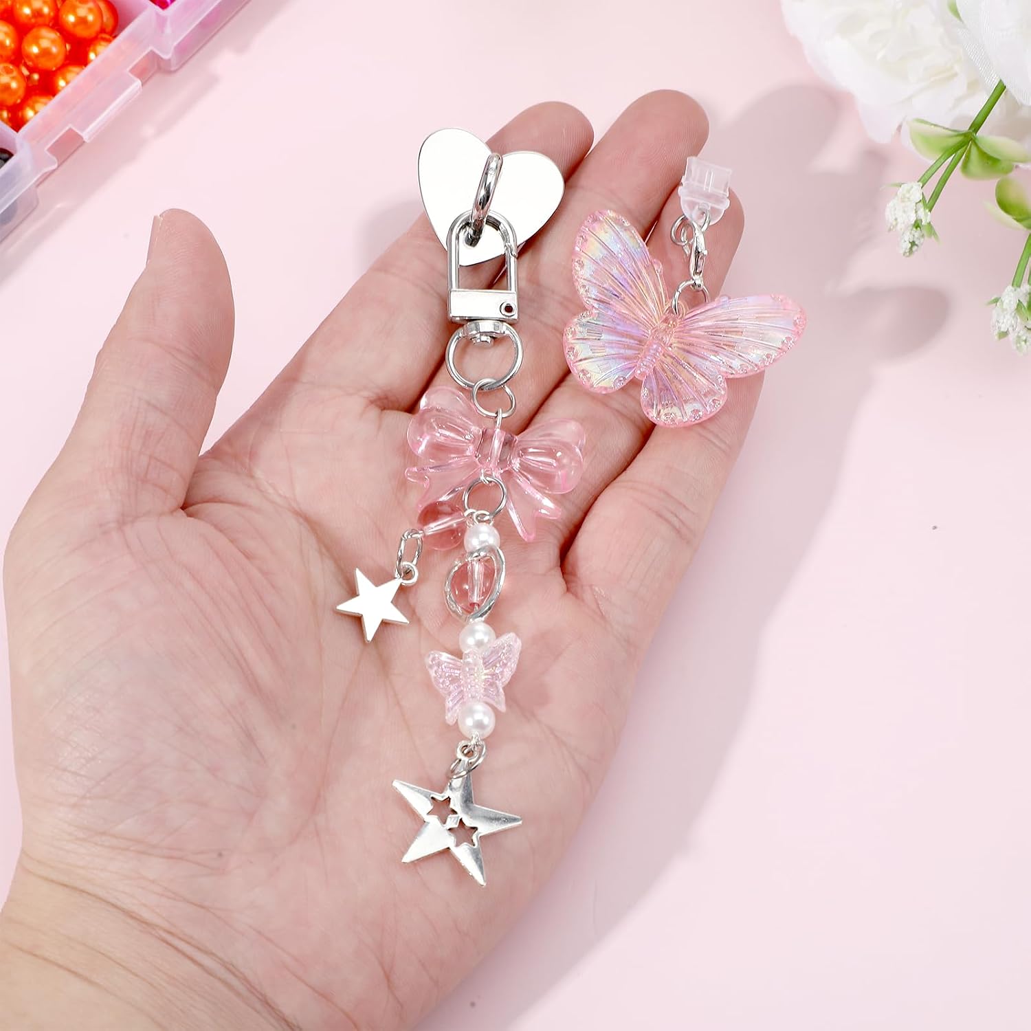 3PCS Pink Butterfly Charm Set with Dust Plug Type C/USB C Heart Grip Holder, Cute Aesthetic Y2k Hook for E-Reader Charm Chain Accessories Compatible Phone Case