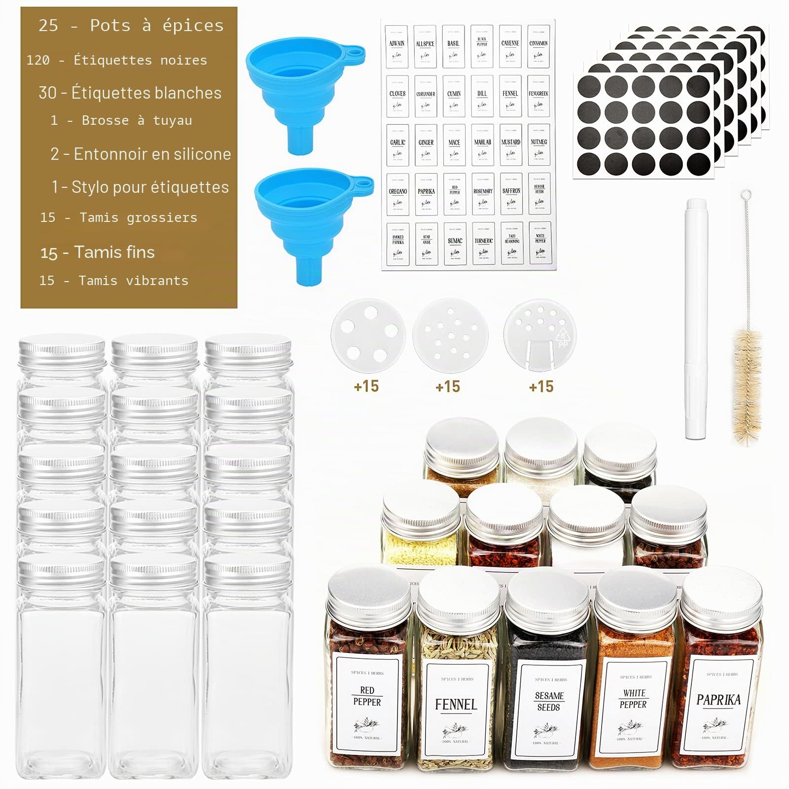 Lot de 25 pots à épices carrés en verre avec 150 étiquettes, couvercles shaker, 120 ml avec stylo à étiquette, brosse à tuyau