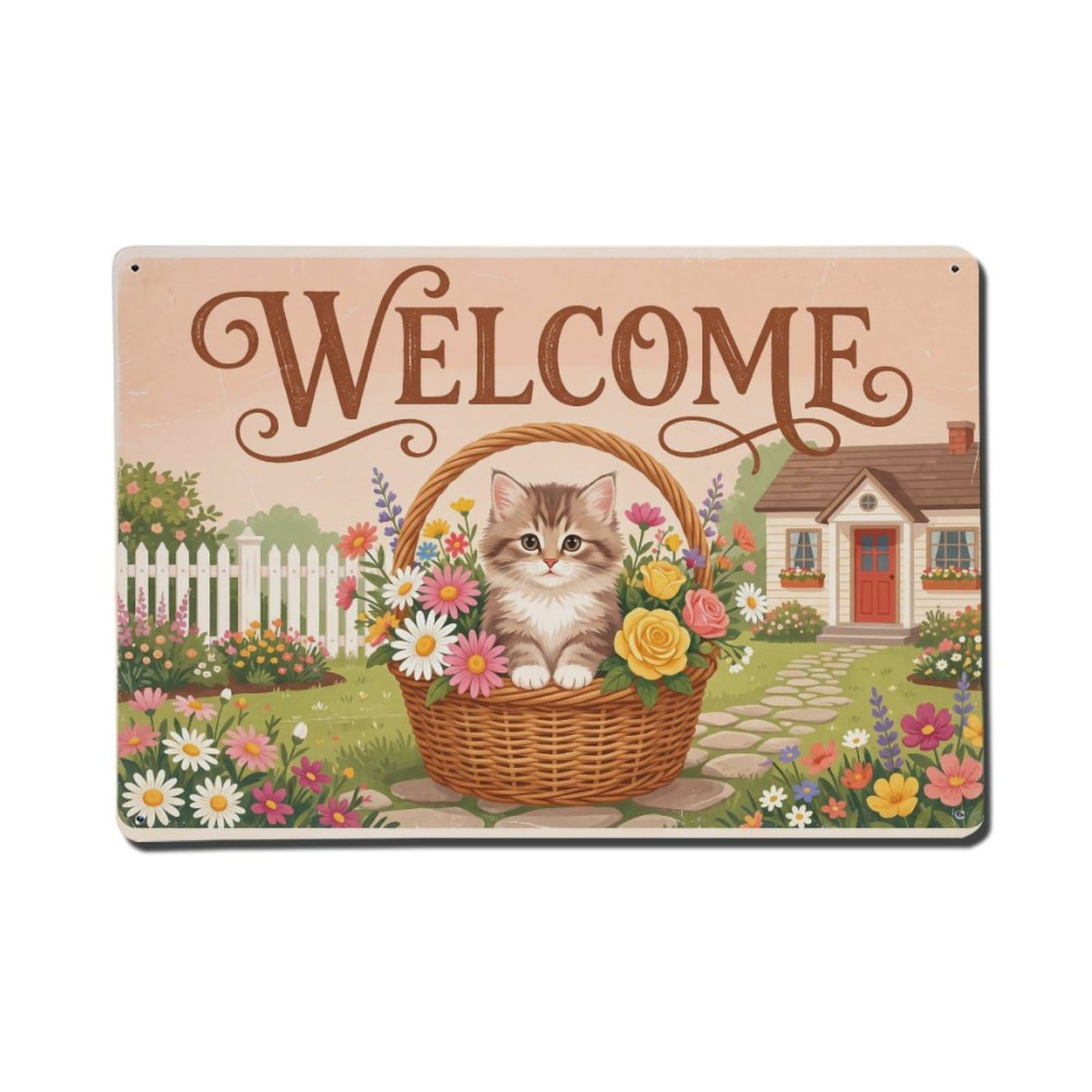 Vintage Welcome Kitten Flower Basket Metal Tin Sign