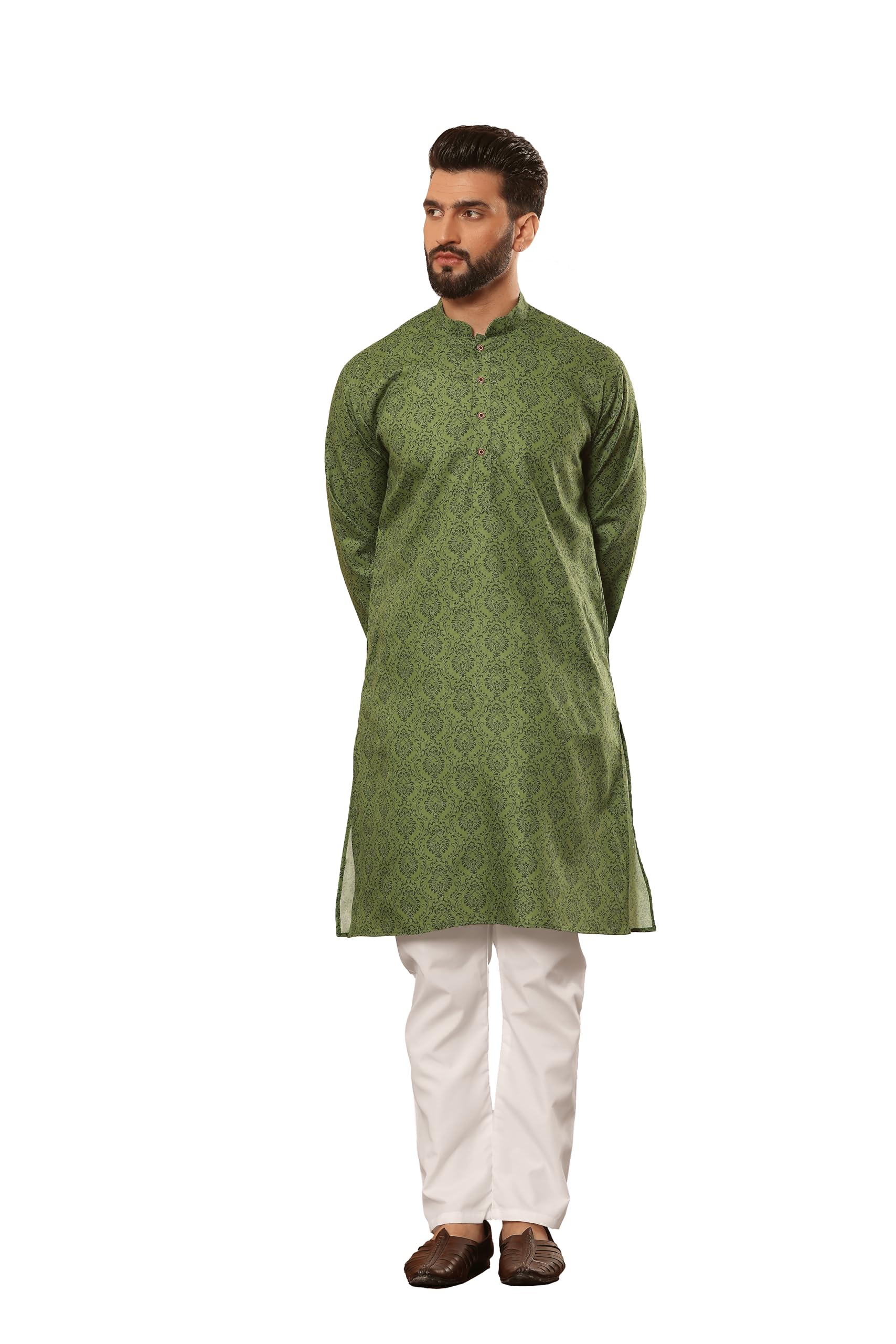 Mehandi Printed Cotton Kurta Pajama Set for Men – Stylish Traditional Attire-image-13