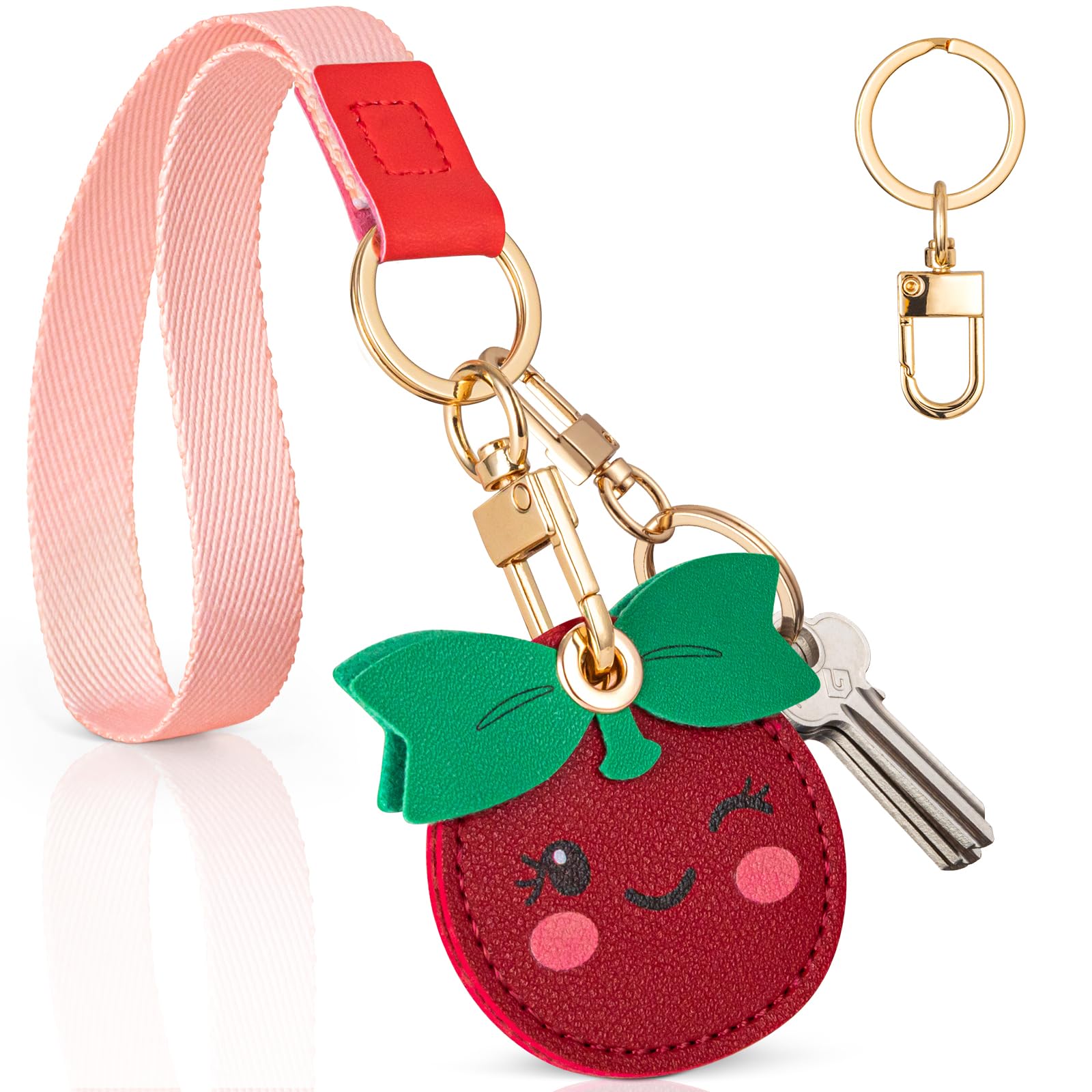 PSRAT Airtag Keychain Holder - Cute Kawaii Faux Leather Case 3-in-1 with Hidden Keychain Cover, Detachable Wrist Strap & Anti-Loss Hand Band,