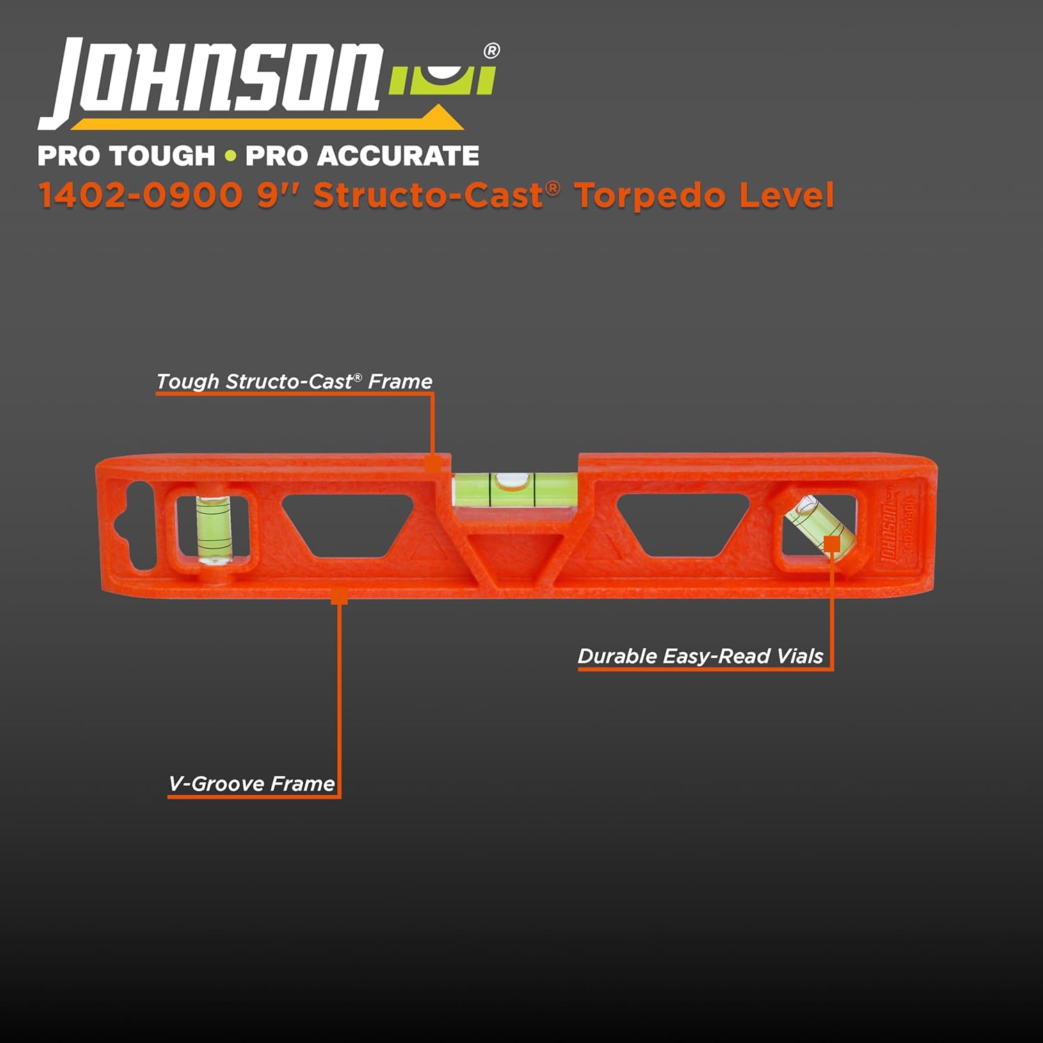 Johnson Level & Tool 1402-0900 Orange Structo-Cast Torpedo Level, 9", Orange, 1 Level
