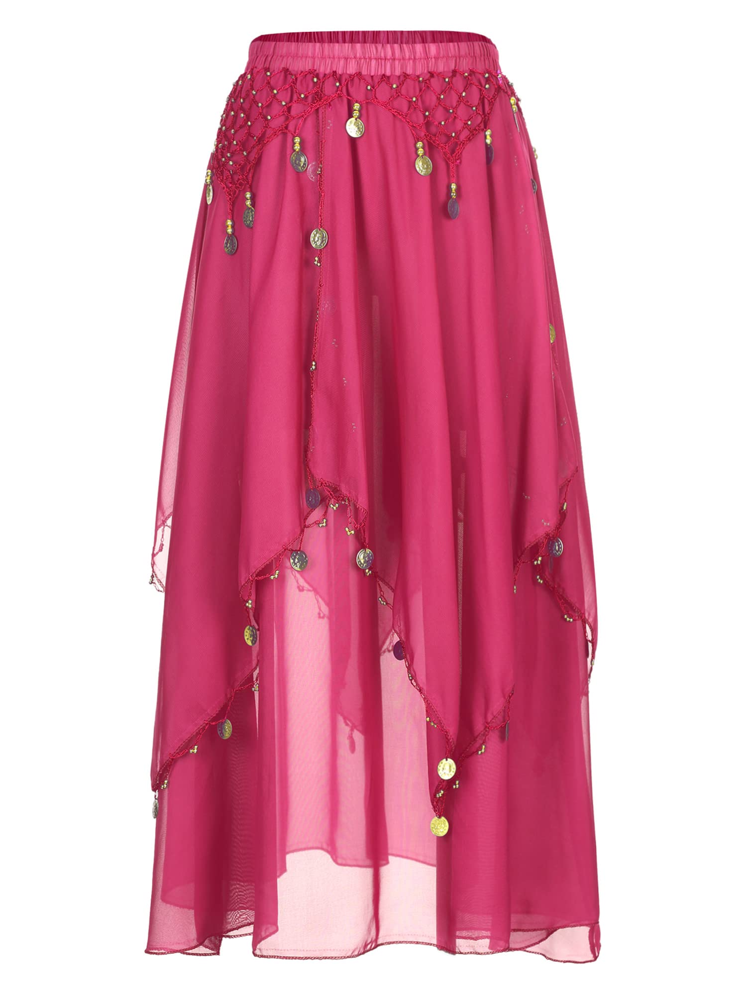 Xzhixiangking Women's Hot Pink Belly Dance Skirts, Chiffon Belly Dancer Outfit Rave Party Skirt, Layered Irregular Hem Dancing Skirt (Hot Pink)