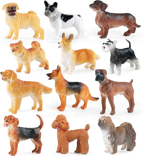 12PCS Mini Dog Figurines, Realistic Dog Figures Toy Set, Plastic Puppy Figures, Miniature Dog Animals Toy, Puppy Dog Cake Topper Cupcake Topper, Easter Eggs Birthday for Girls Boys