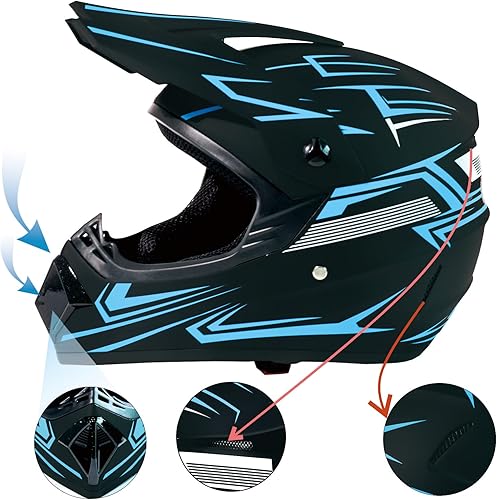 Miniatura 4 de Casco de motocicleta para motocross, motocross, ATV, casco de bicicleta de montaña todoterreno DOT con gafas y guantes, máscara de rayas azules, L