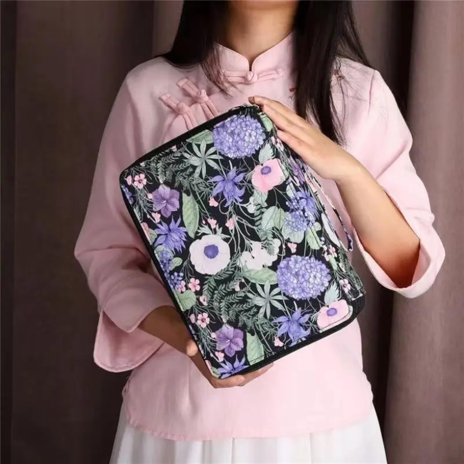 FedermäPpchen Bleistifttasche mit 200 Löchern, Bunte Blumen, Stifttasche, kreatives Skizzieren, multifunktionales Federmäppchen-Set for Studenten mit großer Kapazität(Color-C(Empty Bag))