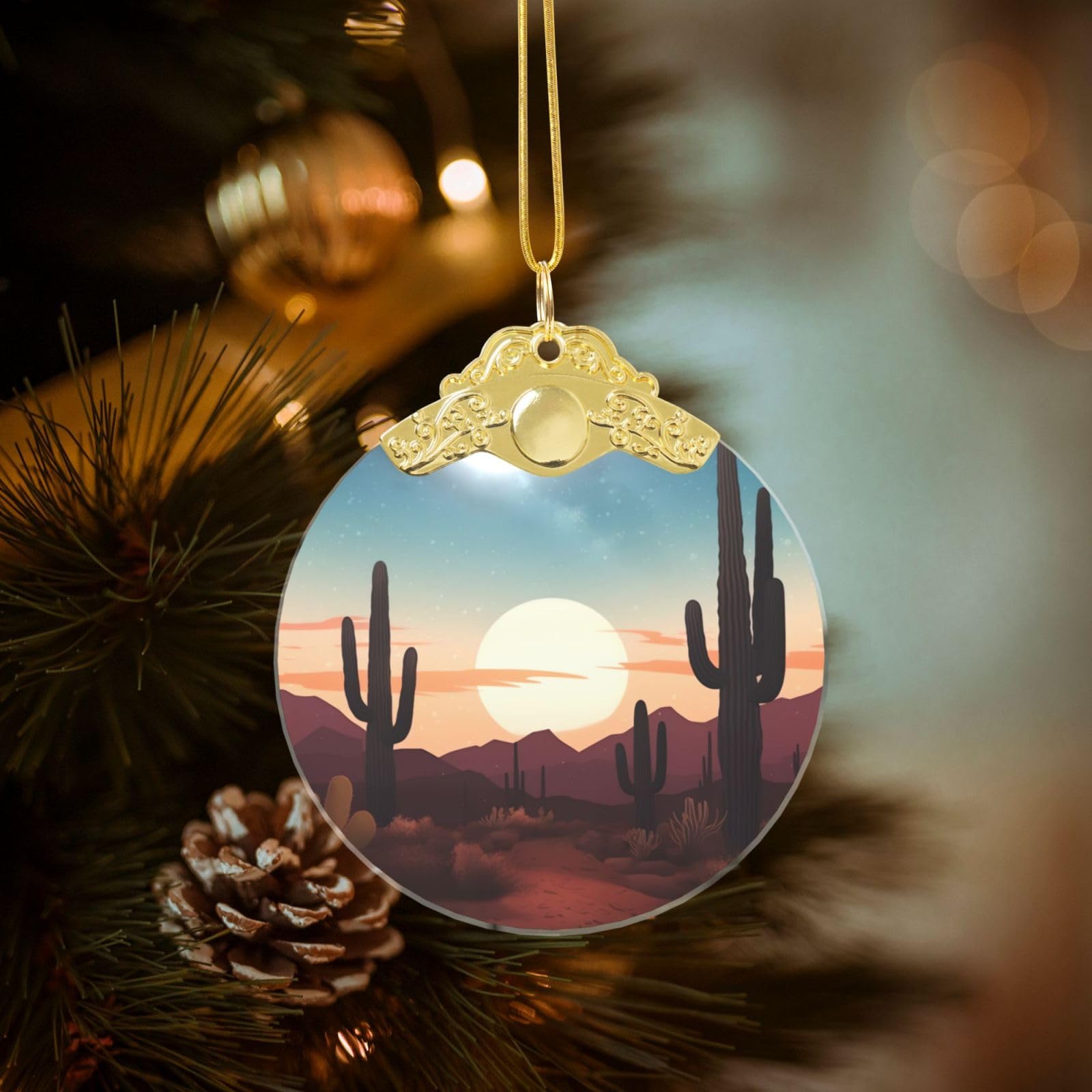 Crystal Christmas Ornaments for Christmas Tree Decoration Hanging Desert with Cactus Ornament with Gold Ribbon Crafts Round Pendant for Keepsake Gifts Glass Xmas Decor Party Supplies