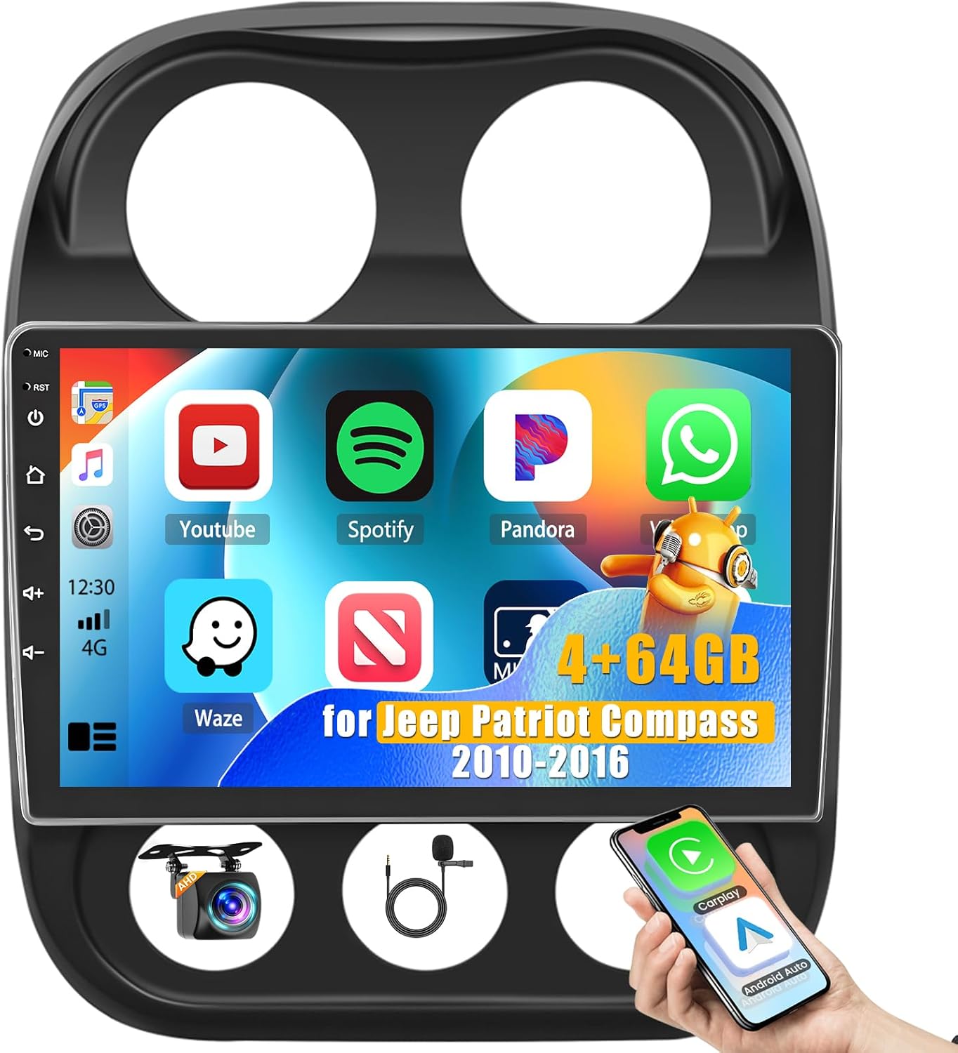 Car Radio for Jeep Compass 2010 2011 2012 2013 2014 2015 2016, [4G+64G] 10 inch Android 15 Touch Screen Compass Stereo, CarPlay/Android Auto/32EQ Audio/1080P/SWC/Bluetooth/WiFi/GPS/FM/RDS