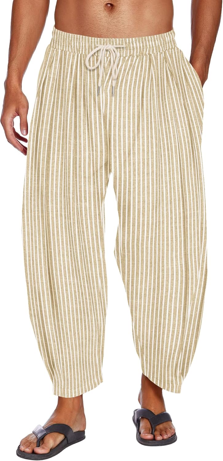 COOFANDY Men's Cotton Linen Harem Pants Drawstring Casual Cropped Trousers Lightweight Loose Beach Yoga Pants with Pockets